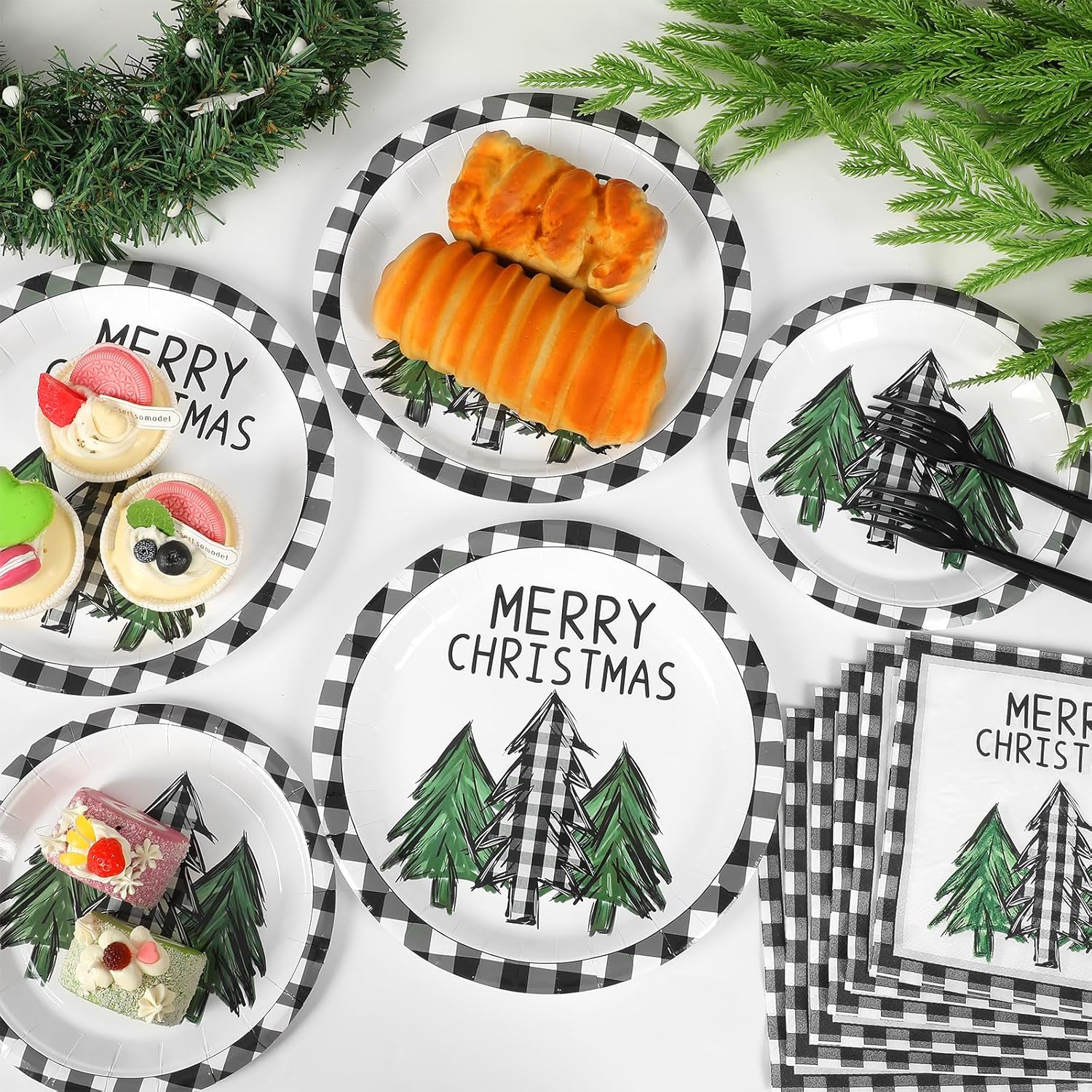 100Pcs Christmas Paper Plates And Napkins Buffalo Plaid Xmas Party Decoration Disposable Merry Christmas Tree Themed Tableware Dinnerware Set For Holiday Xmas Winter Party Supplies Serve 25