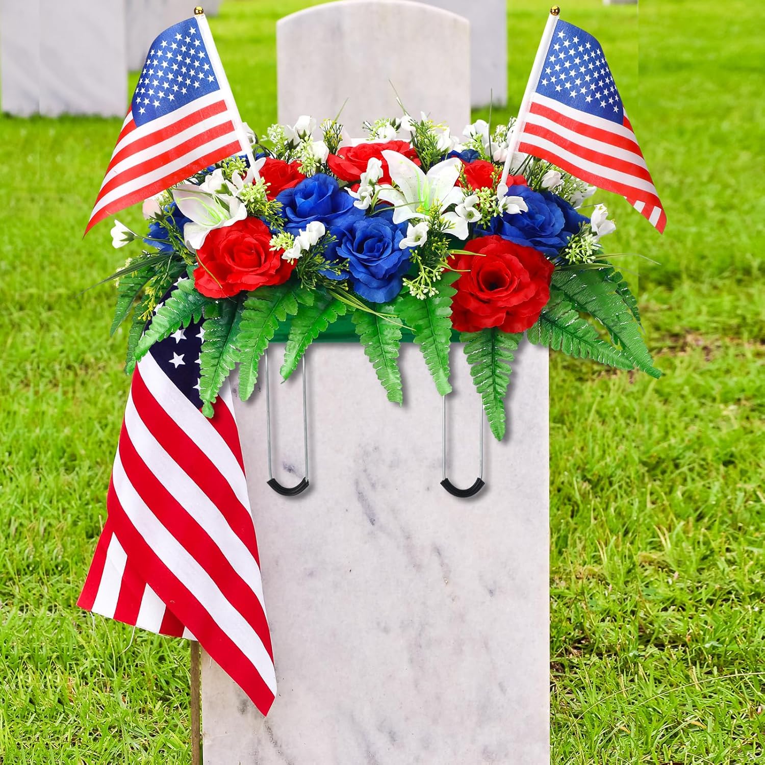 Memorial Day Headstone Flower Saddle Artificial Cemetery Grave Flowers For Veterans 4Th Of July Independence Day Patriotic Tombstone Gravestone Arrangements Outdoor Decorations