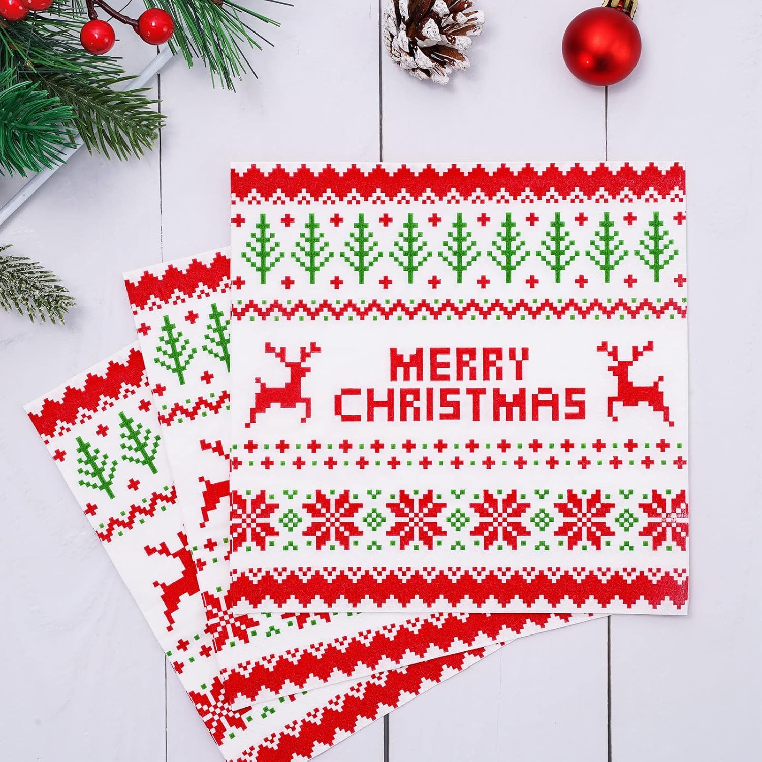 80 Pack Christmas Napkins 6.5 X 6.5 Inch Ugly Sweater Disposable Napkins Merry Christmas Dinner Napkins Red Green Holiday Paper Napkins For Xmas Winter Birthday Supplies Party Decoration