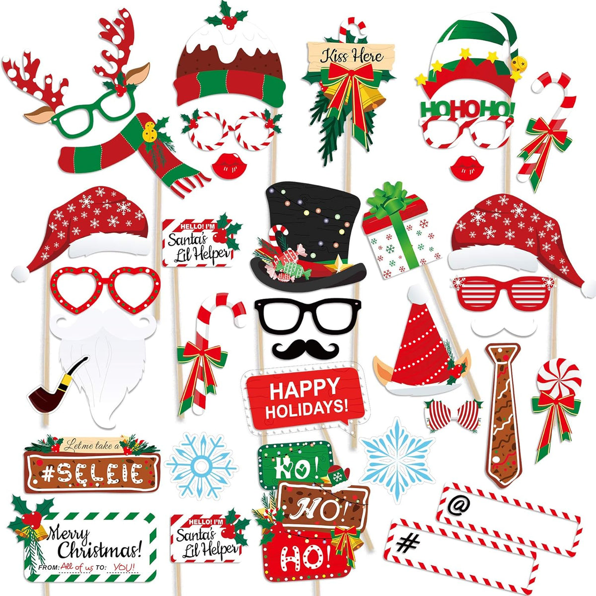 Christmas Photo Booth Props 36Pcs (Upgraded Version) - Party Supplies For July And Merry Celebrations, Red And Green Pose Sign Decorations For Kids And Adults