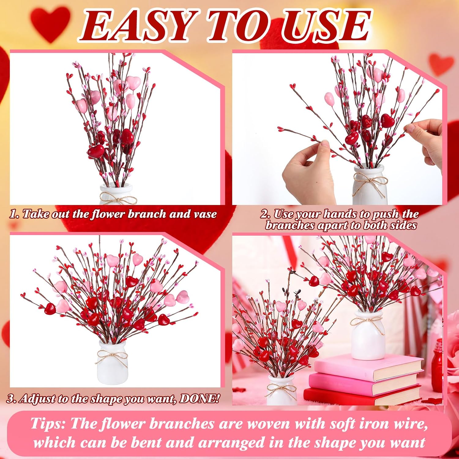 2 Pcs Valentine'S Day Decorations Valentines Picks Vase Berry Picks Branches Artificial Red Pink Hearts Flower Berry Stem For Wedding Valentine Vase Gifts Party Anniversary Table Home Decor