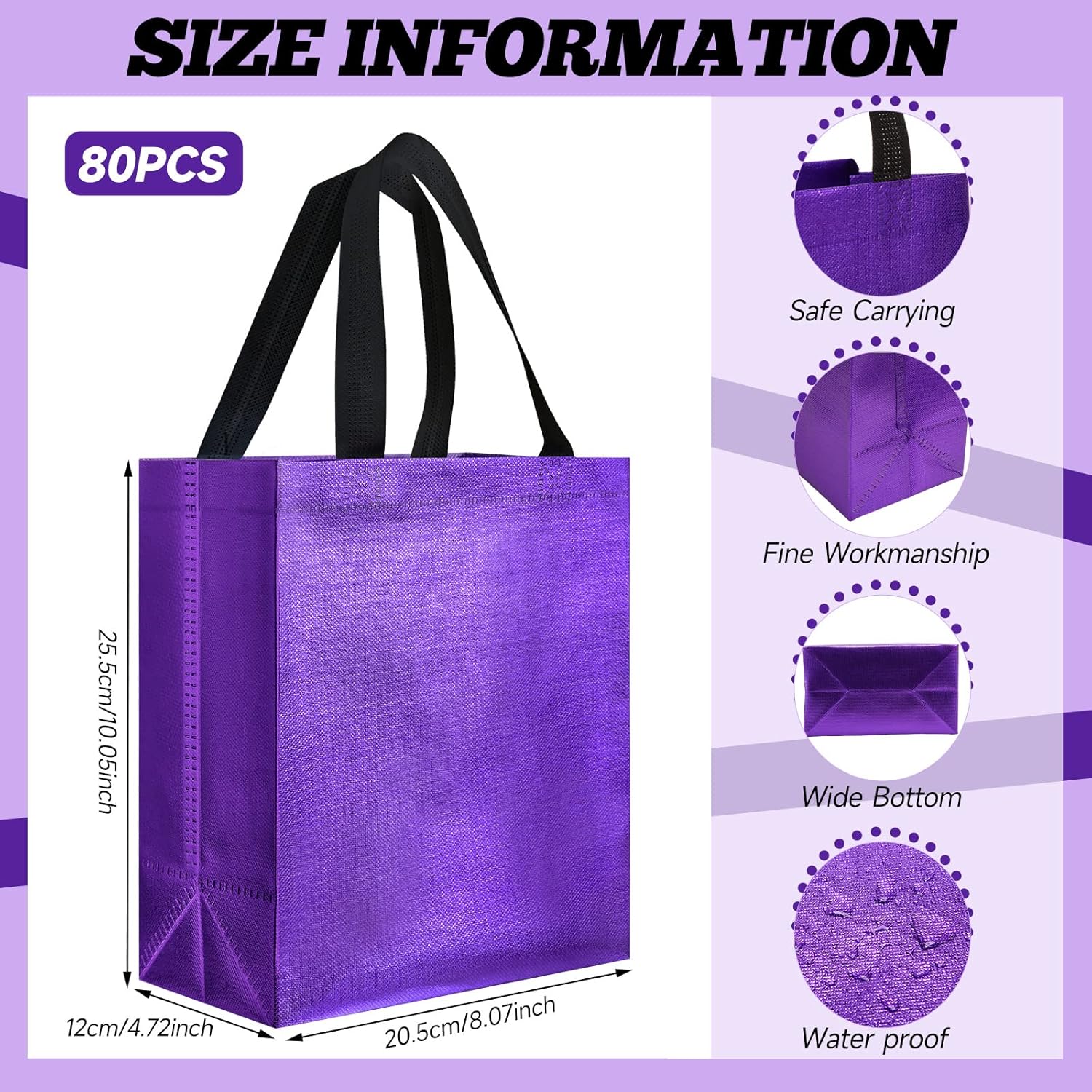 80 Pieces Gift Bags Set Glossy Reusable Tote With Handles Grocery Bags For Wedding, Halloween, Thanksgiving, Christmas(Medium,Purple With Black Handles)