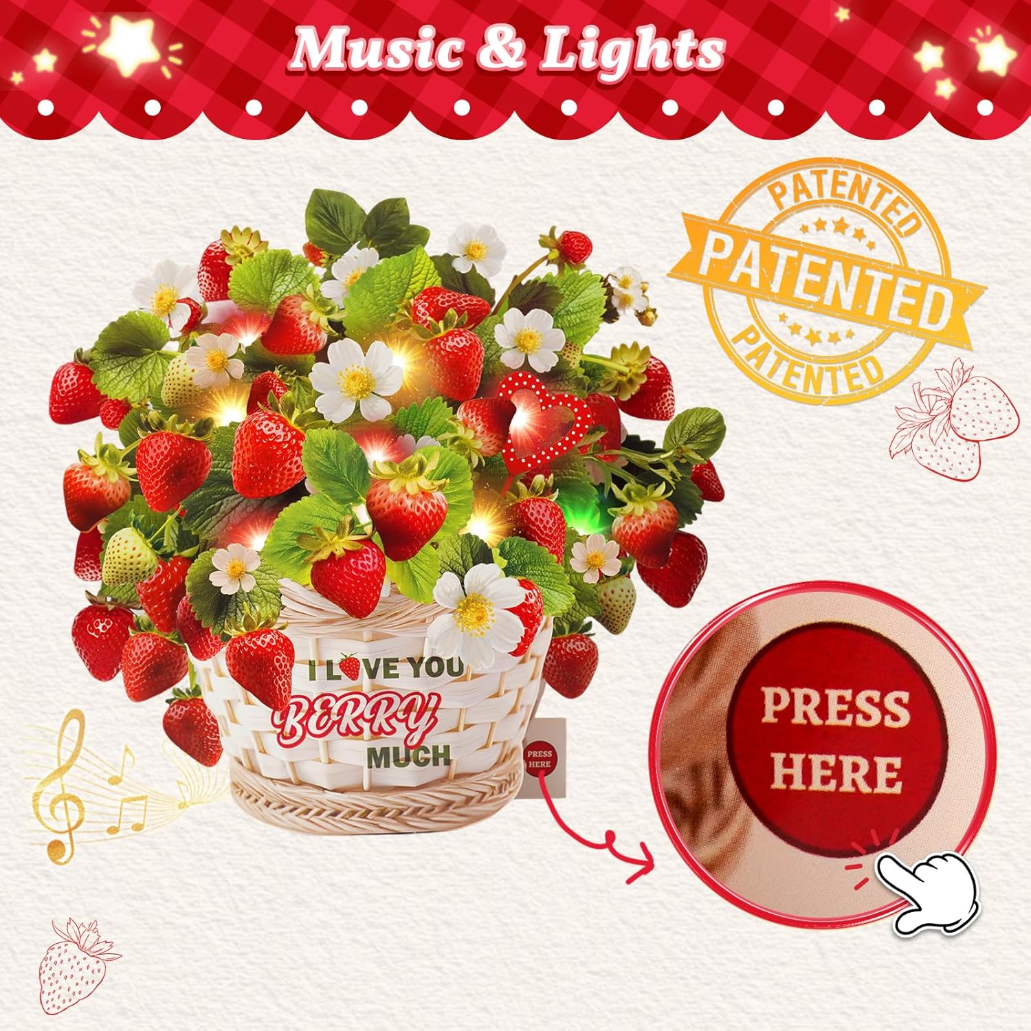 Valentines Day Card, Love You Berry Much Card With Music And Light, Strawberry Bouquet Card For Women Mom Wife