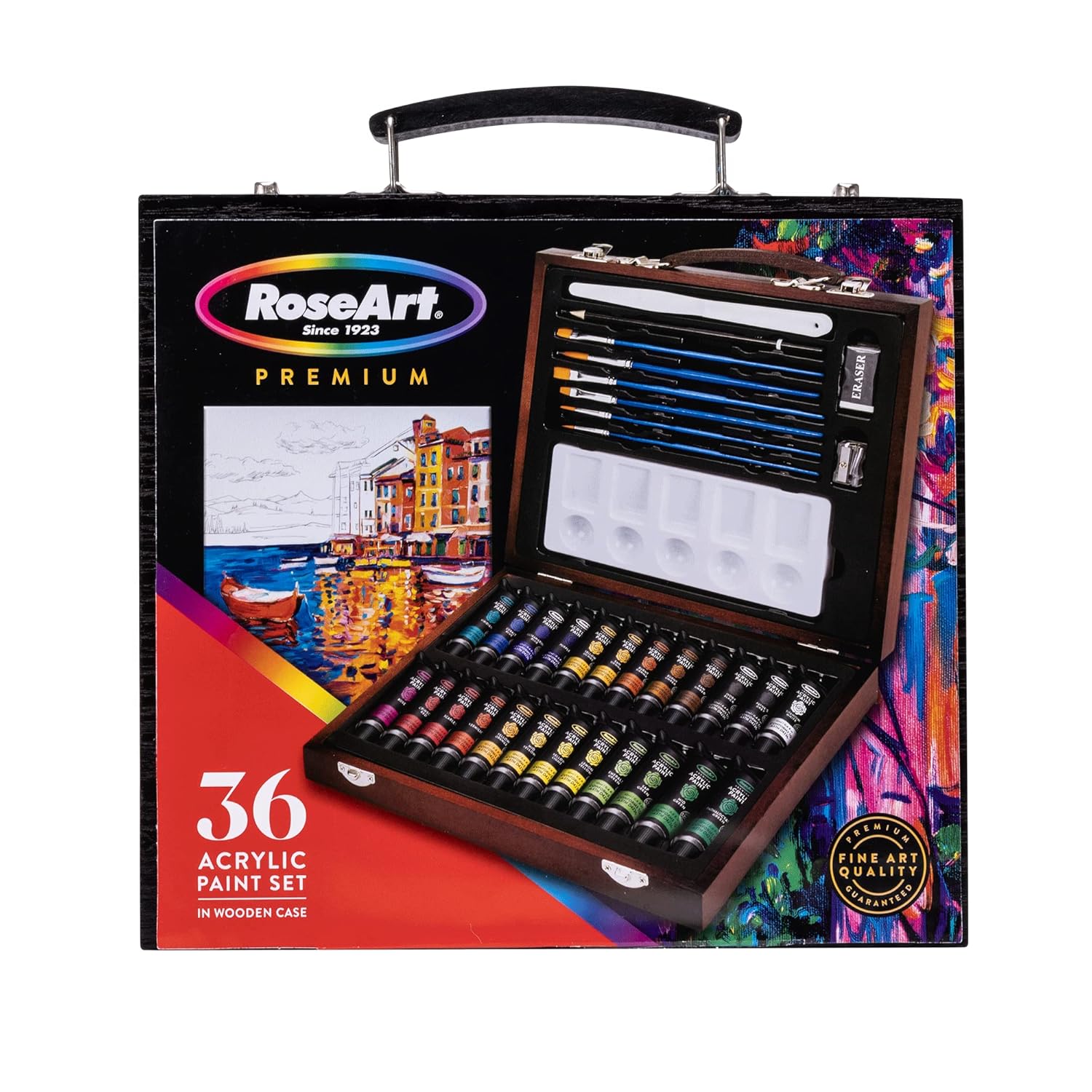 RoseArt Premium 36ct Acrylic Paint Set in Wooden Case -Complete Acrylic Artist Set for Canvas, Wood, Ceramic and Fabrics – Painting Supplies for Casual and Professional Artists, 9.6ml (84403)