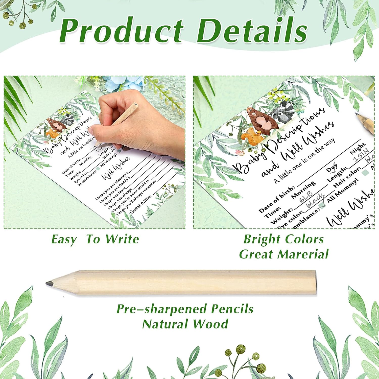 135 Pieces Woodland Baby Shower Game Cards Forest Animals Baby Shower 5 Set (25 Cards Each) With 10 Pencils Predict Who Mommy Or Daddy Well Wishes Woodland Creatures Theme For Boy Girl