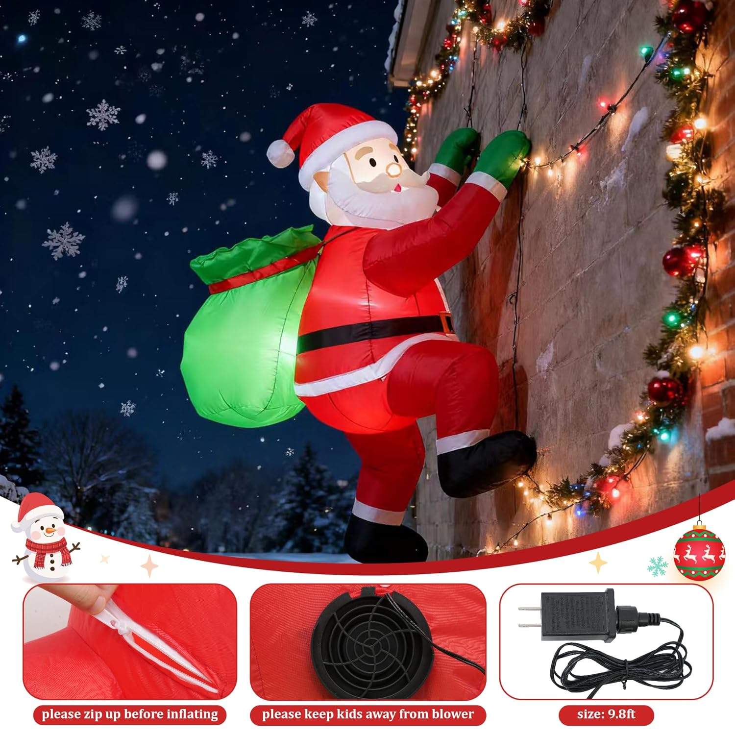 4Ft Christmas Inflatable Santa Claus Outdoor Decorations Built-In Bright Leds, Xmas Santa Carrying Present Sack, For Win