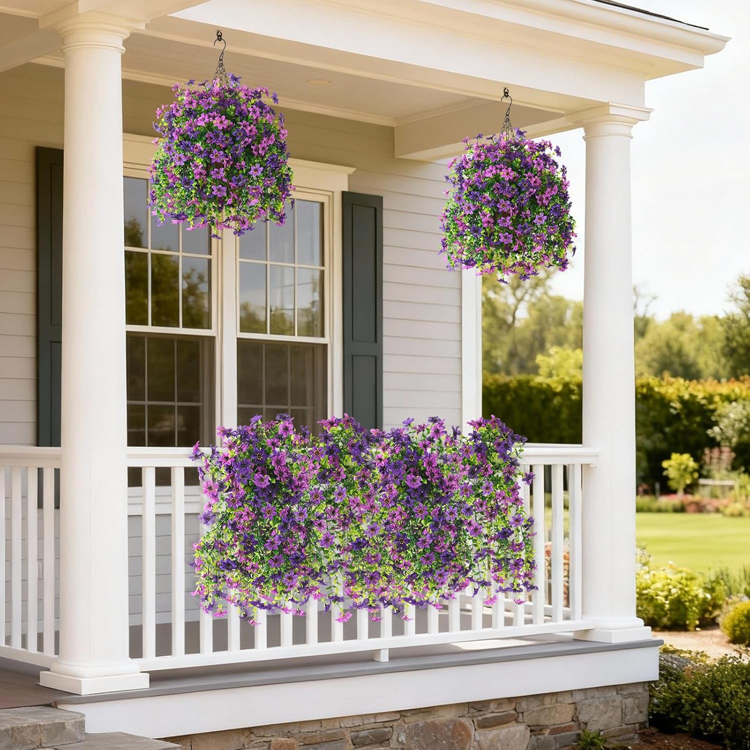 Artificial Hanging Flowers For Outdoors, 2 Pcs Fake Hanging Plant Spring Summer Decoration, Uv Resistant No Fade Faux Flower For Porch Patio Yard Window Home Decor(Double Purple)