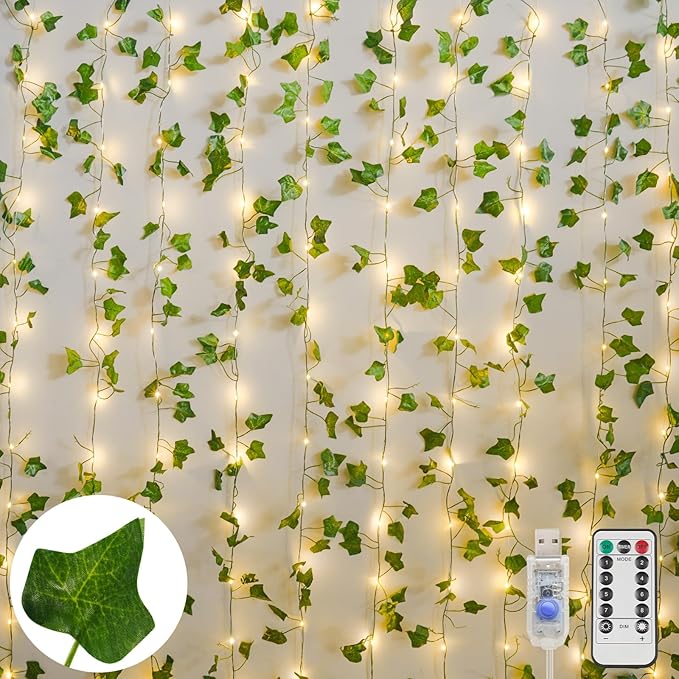 200 LED Ivy Vine Fairy Lights 6.5FT x 6.5FT Curtain Lights with Remote Warm White Artificial Leaf String Lights for Bedroom Wedding Party Wall Dorm Decor Indoor Outdoor