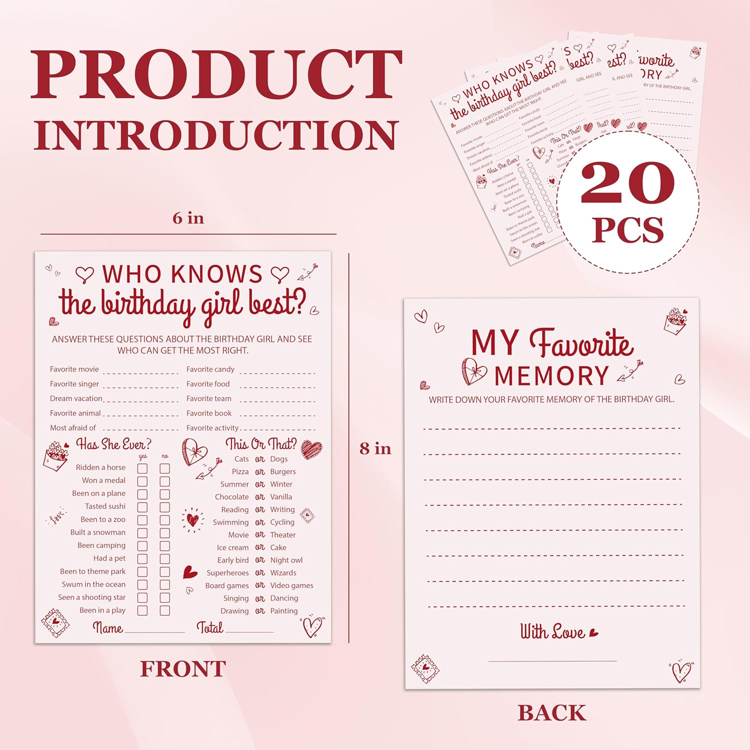 Pink Heart Birthday Party Games Cards-Who Knows The Birthday Girl Best & My Favorite Memory Activity Themed - 20Pcs 3-In-1 Game Cards- 6"X8" Party Decorations & Supplies For Girls-A06