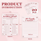 Pink Heart Birthday Party Games Cards-Who Knows The Birthday Girl Best & My Favorite Memory Activity Themed - 20Pcs 3-In-1 Game Cards- 6"X8" Party Decorations & Supplies For Girls-A06