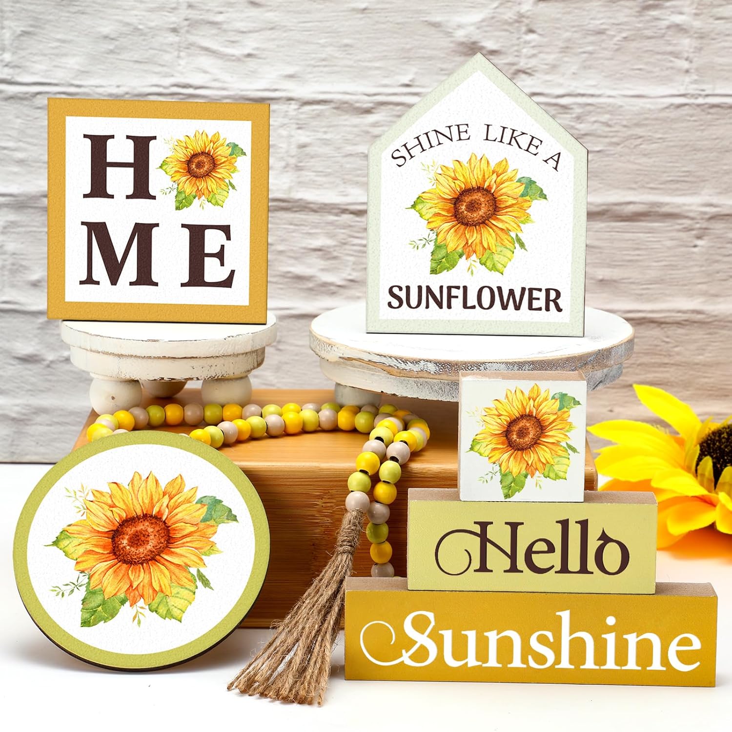 7 Pcs Sunflower Wooden Table Decorations, Farmhouse Tiered Tray Decor Rustic, Wood Block Signs Table Centerpieces Bead Garland For Kitchen Tabletop Housewarming