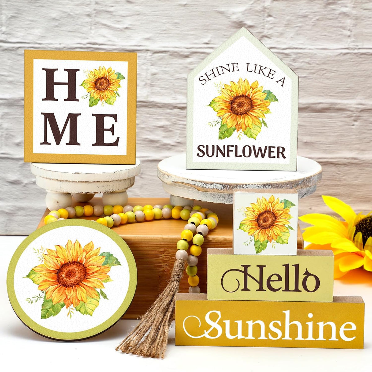7 Pcs Sunflower Wooden Table Decorations, Farmhouse Tiered Tray Decor Rustic, Wood Block Signs Table Centerpieces Bead Garland For Kitchen Tabletop Housewarming