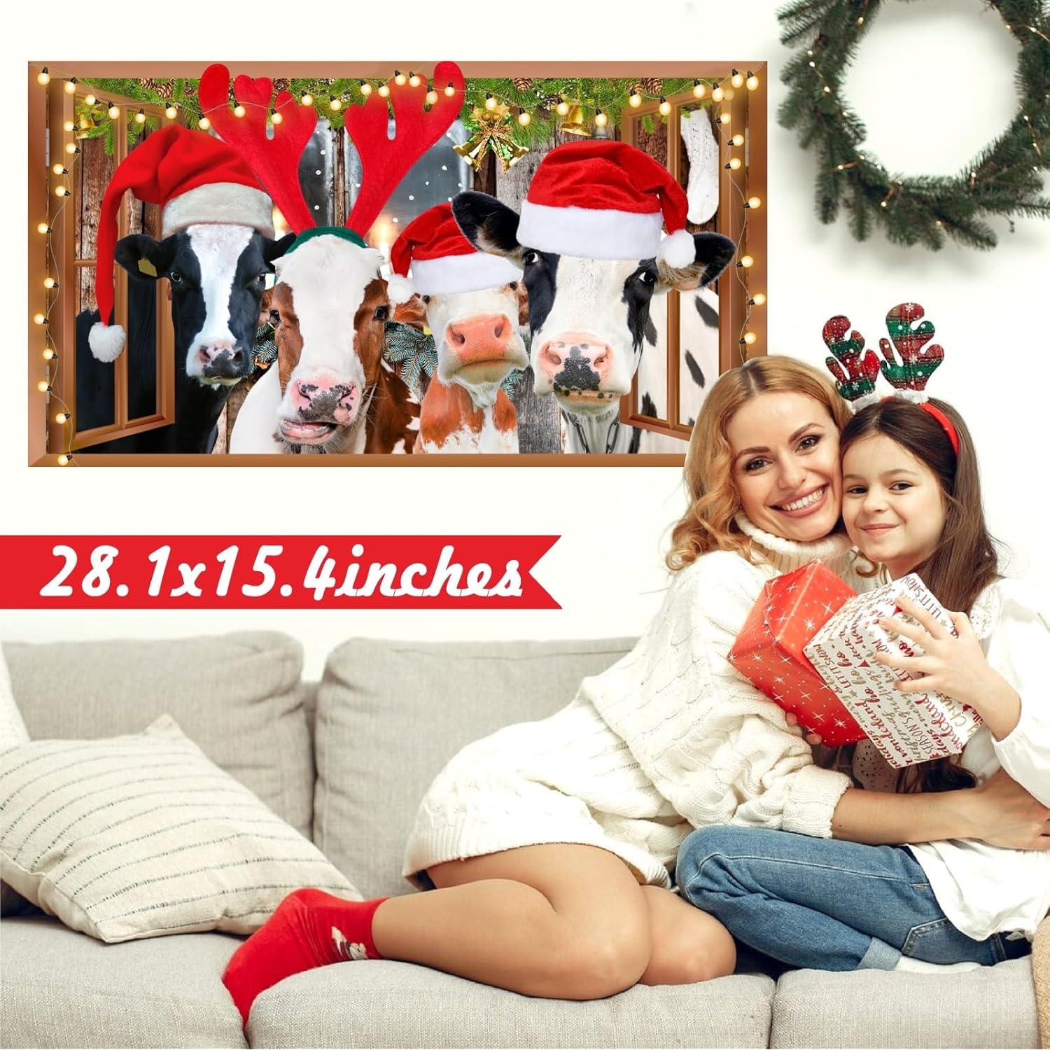 Funny Cow Wall Decals Christmas Wall Decoration Stickers Merry Christmas Vinyl Decal Peel And Stick 3D Fake Window Walls Sticker Cow Print Decor Farmhouse Animals Art Murals For Living Room Kitchen