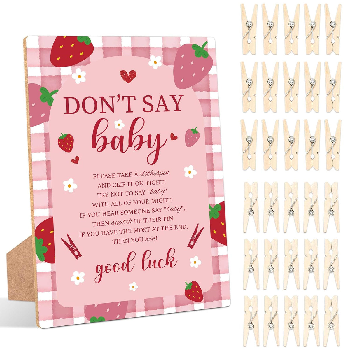 Strawberry Don'T Say Baby Clothespin Game, Pack Of 1 Wooden Tabletop Sign With Stand And 50 Mini Natural Clothespins, Berry Baby Shower Game, Gender Reveal Party Decorations - Qx16