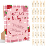 Strawberry Don'T Say Baby Clothespin Game, Pack Of 1 Wooden Tabletop Sign With Stand And 50 Mini Natural Clothespins, Berry Baby Shower Game, Gender Reveal Party Decorations - Qx16