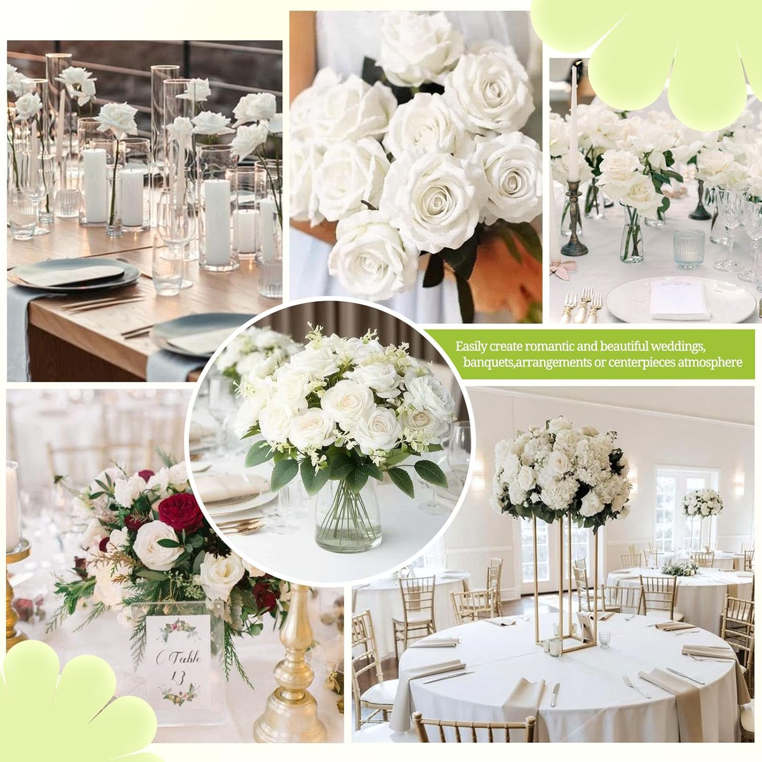 50 Pcs White Roses Artificial Flowers Bulk, White Flower Fake Velvet Silk Rose , Realistic Faux Artificial Roses With Stems Fake White Flower For Wedding, Bouquets ,Ceremony,Bridal Shower,Party