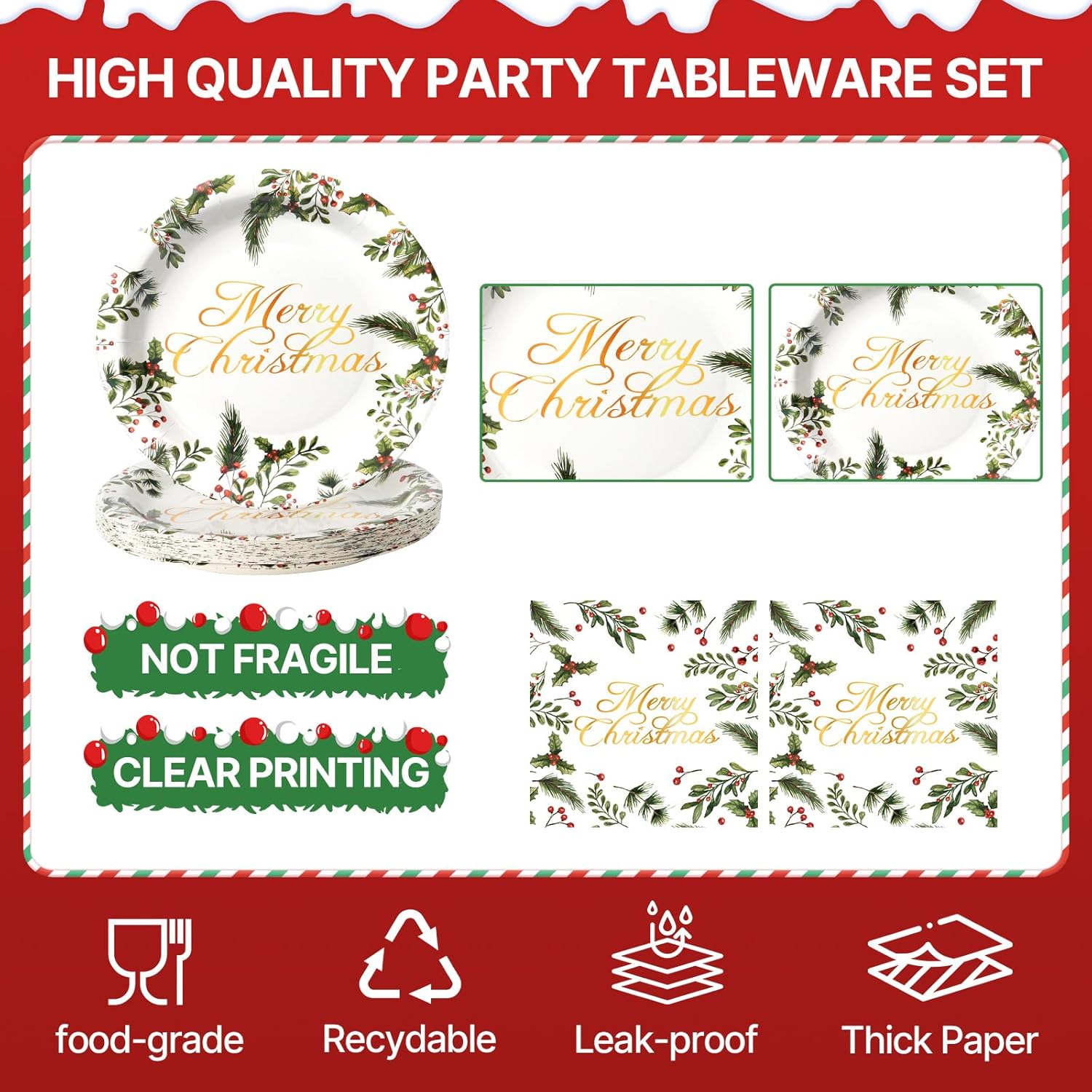 50Pcs Christmas Paper Plates And Napkins Disposable Paper Plates For Christmas Party Supplies