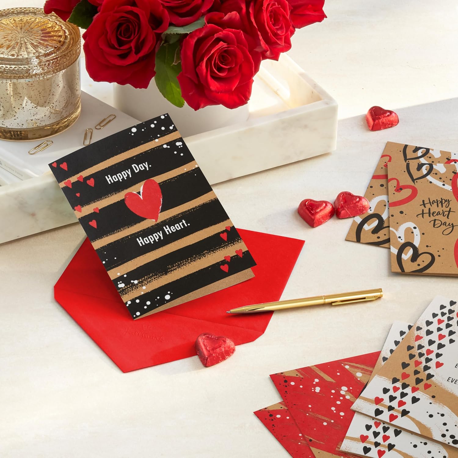 Hallmark Kraft Valentines Day Card Assortment (16 Cards with Envelopes) Red, Black, White