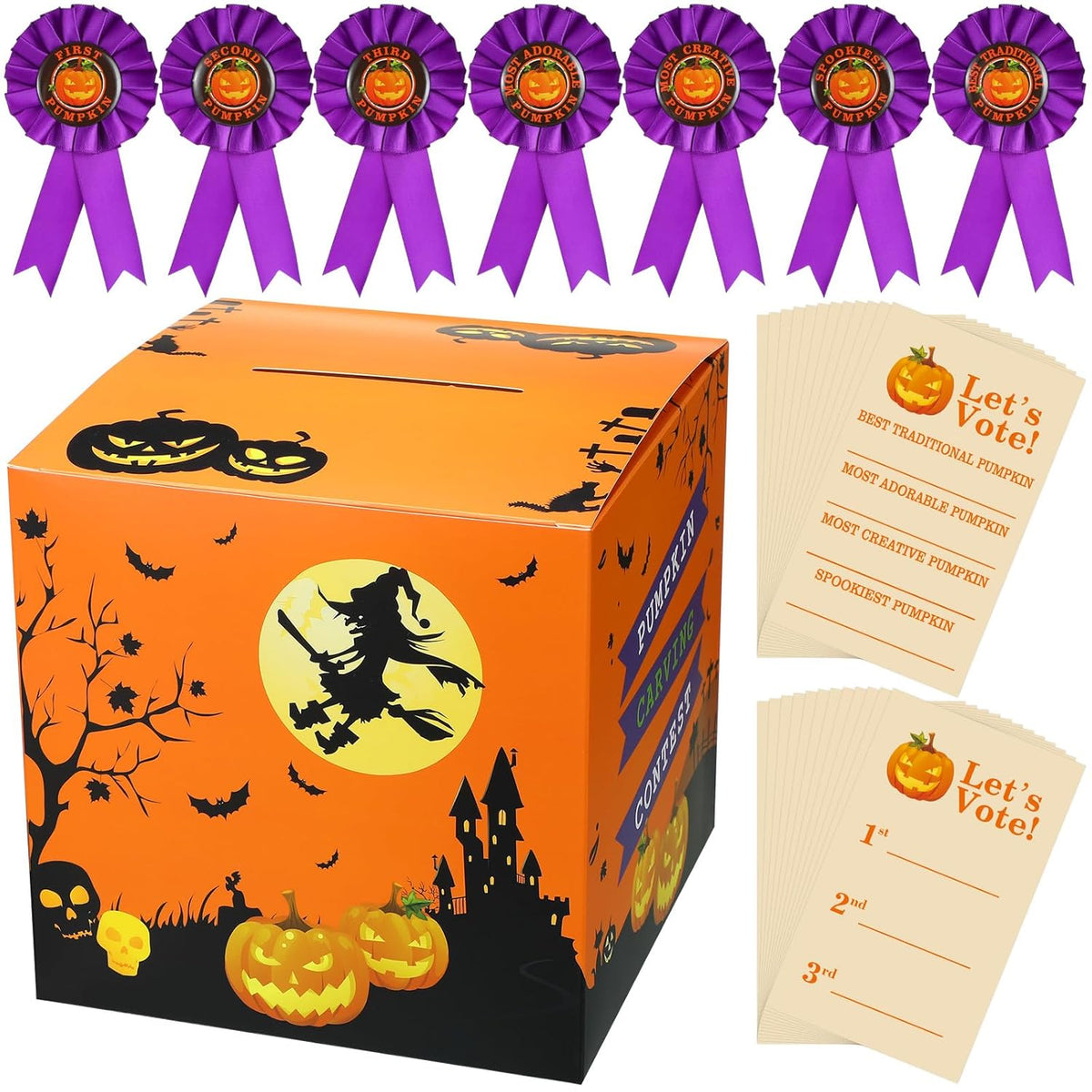 58 Pcs Halloween Pumpkin Carving Contest Awards Kit Including Halloween Ballot Box 50 Voting Cards 7 Pumpkin Carving Prize Award Ribbons For Game Party Decoration