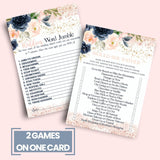 Blue Bridal Shower Games Bundle - 25 Each Of Guess The Cake, Word Scramble, Famous Pairs & Wedding Name Game - Double-Sided Cards For Engagement Parties & Rehearsal Dinners - Rustic Floral Design