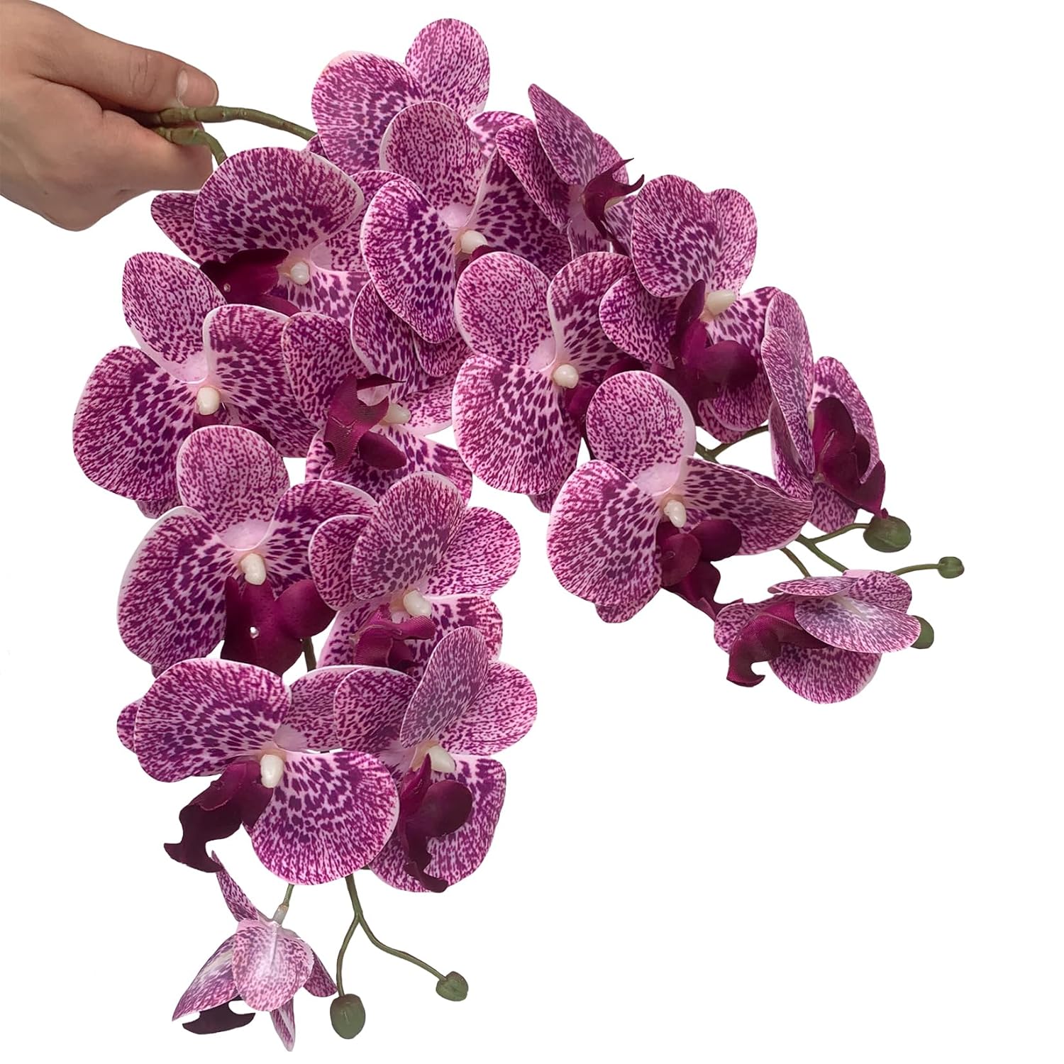 5 Pcs Artificial Orchid Flowers And 2 Bundles Leaves,Artificial Phalaenopsis Flowers 32 Inch Stem Plants For Home Wedding Decoration (Purple Spots)