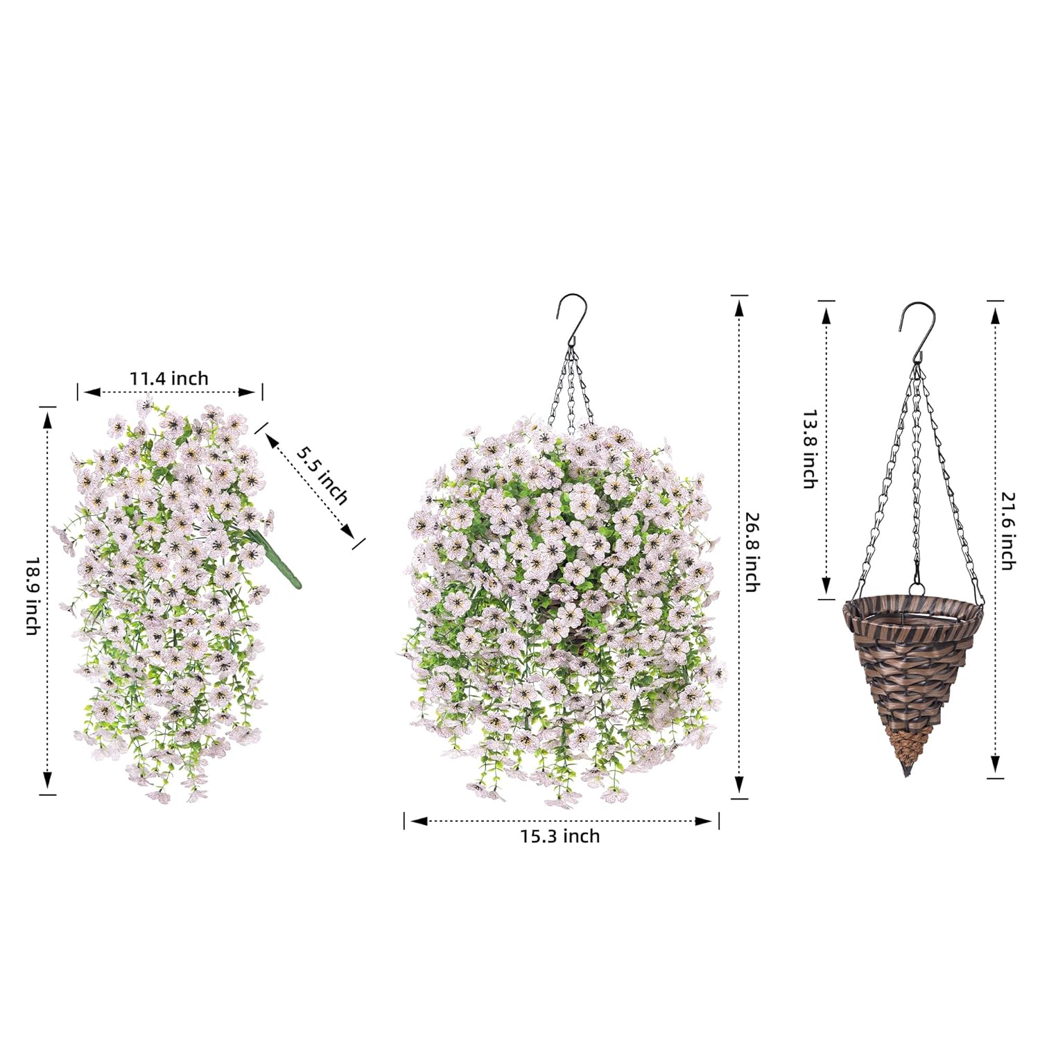 Artificial Hanging Flowers Basket For Outdoor, Fake Flowers Faux Plants Look Real For Yard Gardens Porch Patio Home (White)