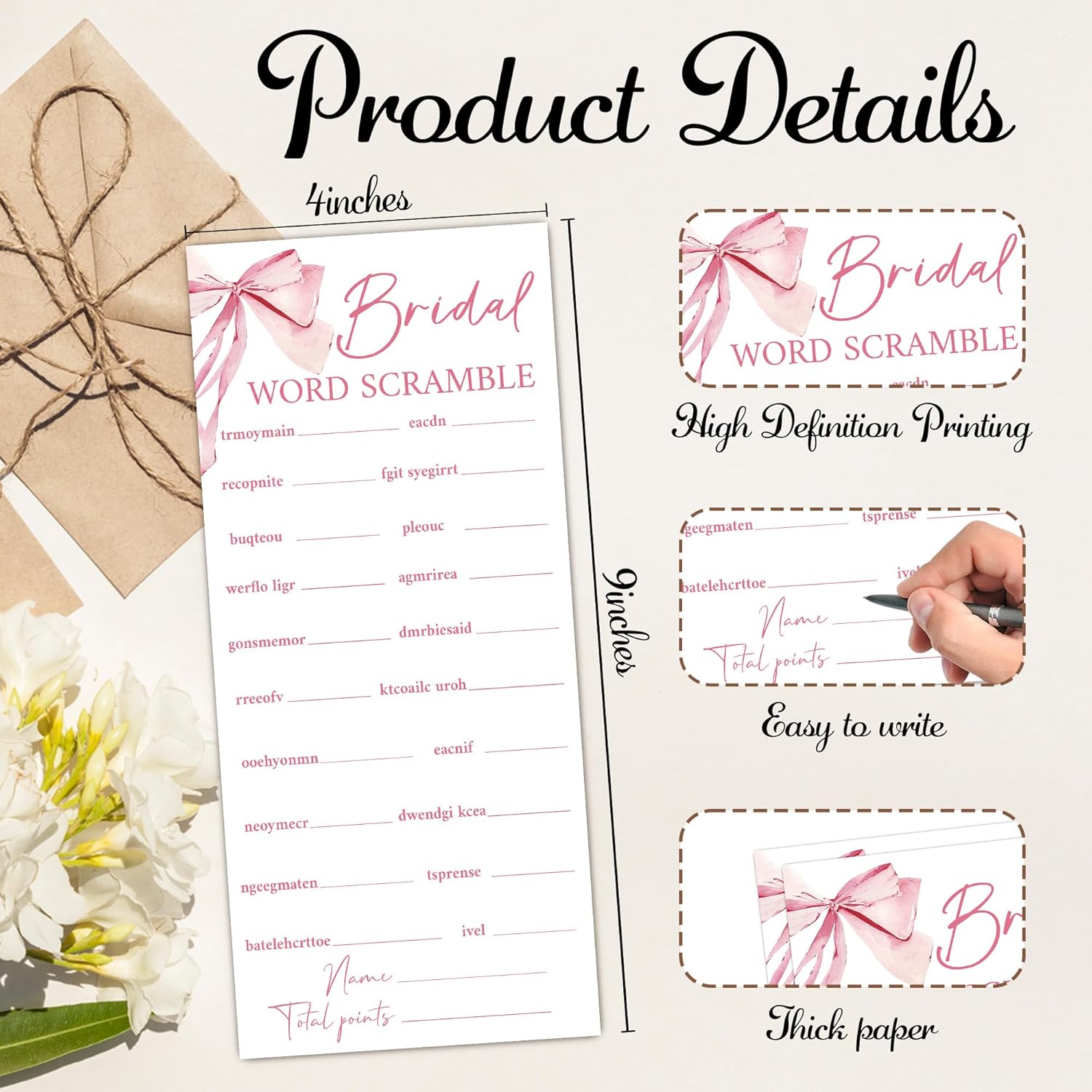Pink Bow Wedding Shower Games, Word Scramble Wedding Games For 25 Guests, Engagement Bridal Shower Party Cards, Engagement & Bridal Party Supplies-4X9 Inch-A06