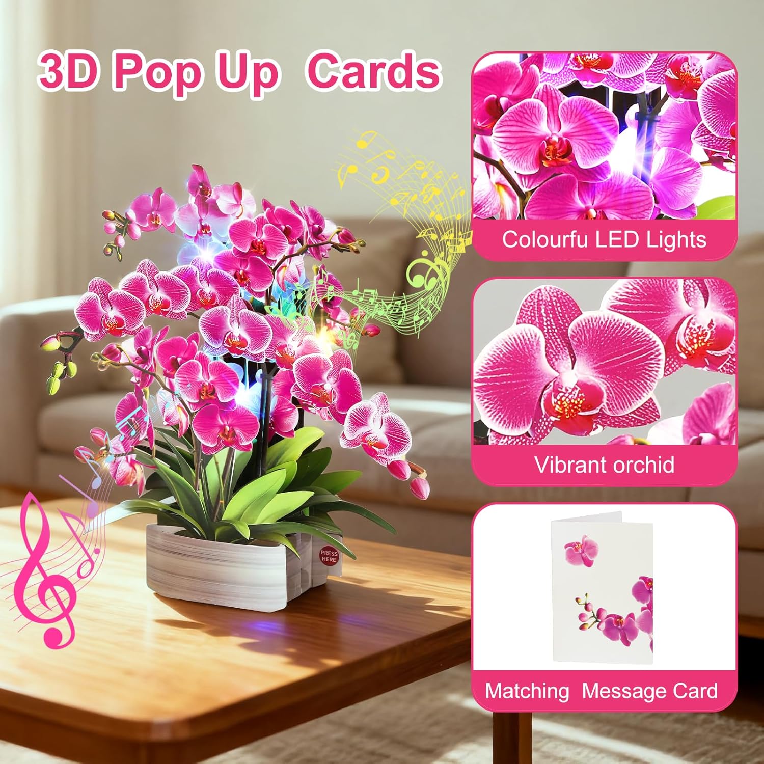 Birthday Cards, Mothers Day Cards With Light And Music, Orchid Oasis, 10 Inch Life Sized Forever Flower Bouquet, Greeting Card For Thank You Cards Get Well Soon For Her Women Wife Mom Daughter Sister (Blank Notecard & Envelope)
