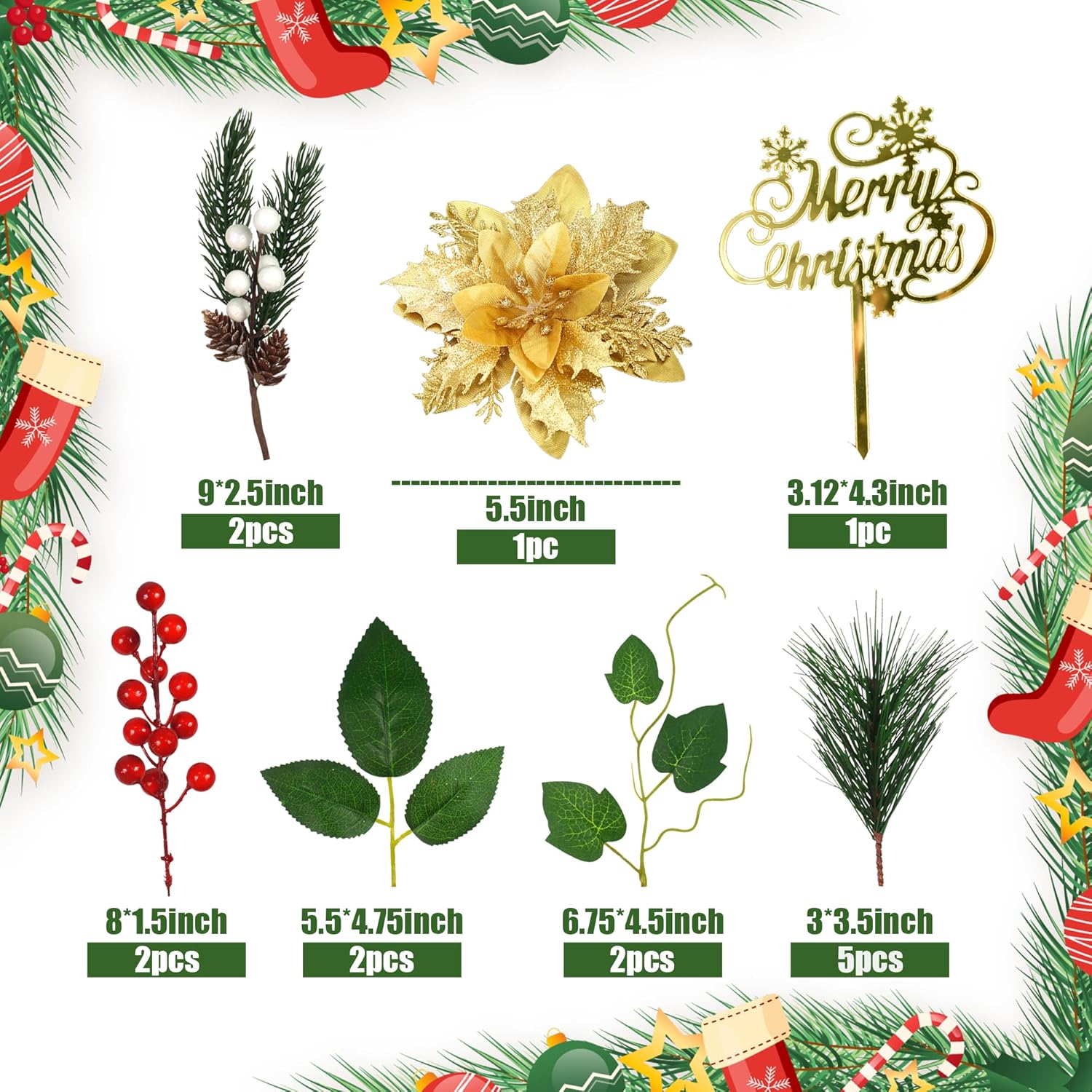 Merry Christmas Cake Topper With Artificial Pine Needles, Cones, And Berries For Theme Party Decorations Supplies