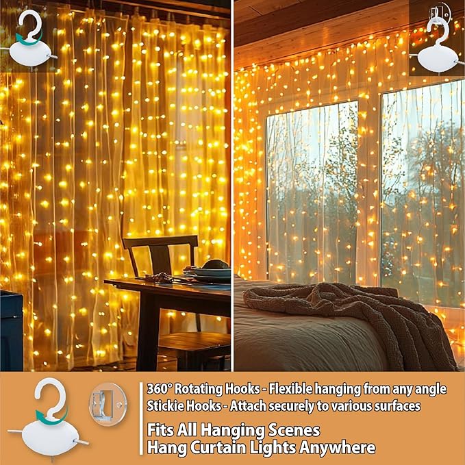 300 LED Fairy Curtain Lights 9.8FT x 9.8FT USB Plug In Warm White String Lights with Remote 8 Modes for Bedroom Wedding Decor