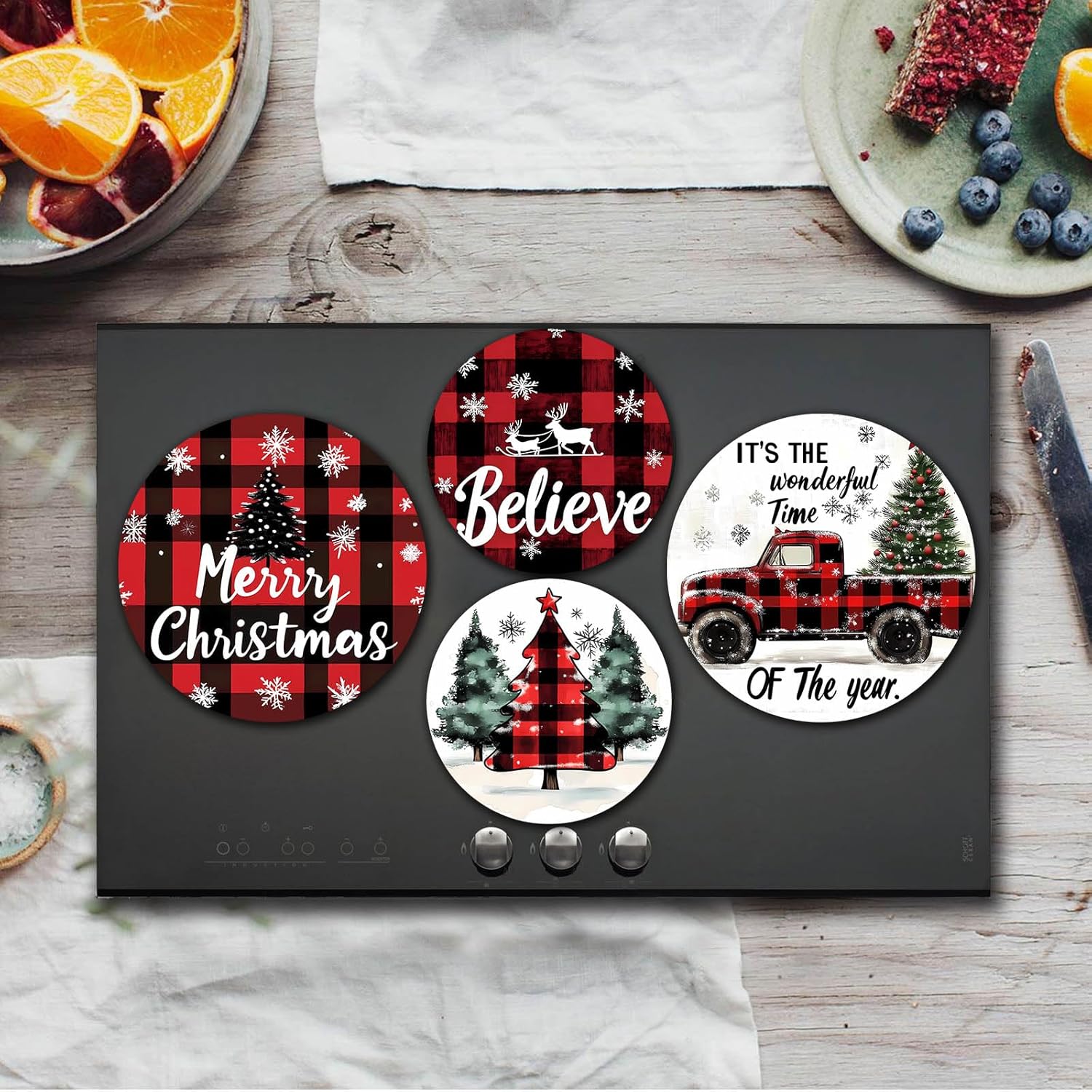 Christmas Truck Electric Stove Burner Covers?4 Pcs Winter Xmas Tree Round Stove Burner Covers, Merry Christmas Festival Stove Burner Cover,8 Inch And 10 Inch Red Black Squares Metal Cooktop Home Decor