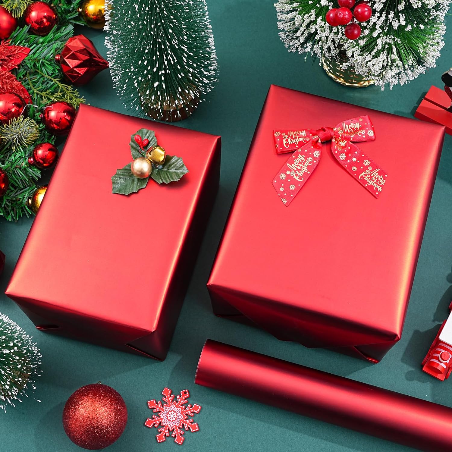 Metallic Red Wrapping Paper Roll With Cut Lines - Solid Red Holiday Gift Wrap For Graduation, Christmas, Birthdays, Baby Shower, Wedding - 17.5 In X 33 Ft (48 Sq. Ft), Easy To Cut