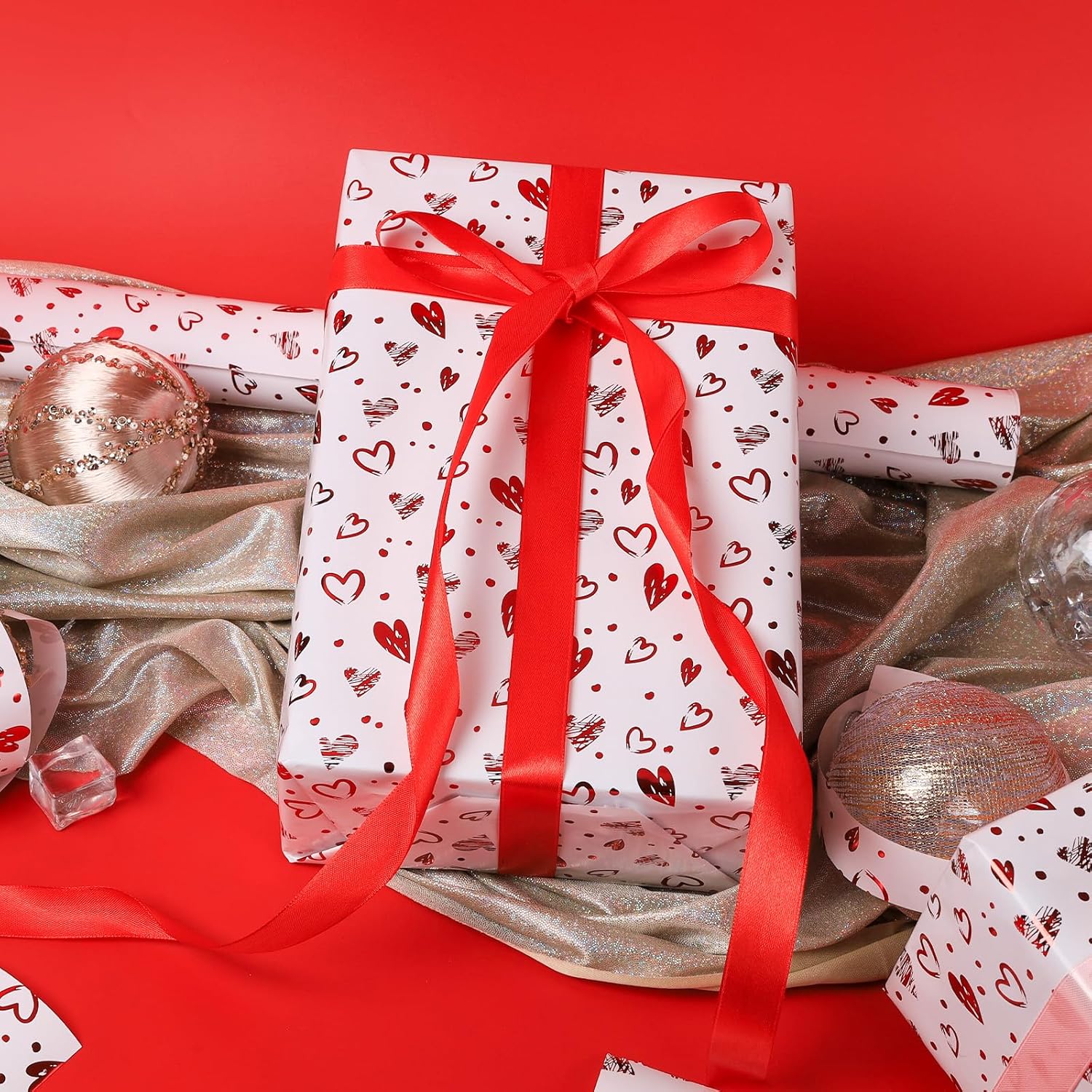 Foil Hearts Wrapping Paper Roll, Sliver Red Heart Mini Roll 17Inx32Ft-Luxury Gift Wrap For Valentine'S Day,Anniversary, Mom'S Mother Birthday, Wedding Party Bridal, Holiday, Christmas