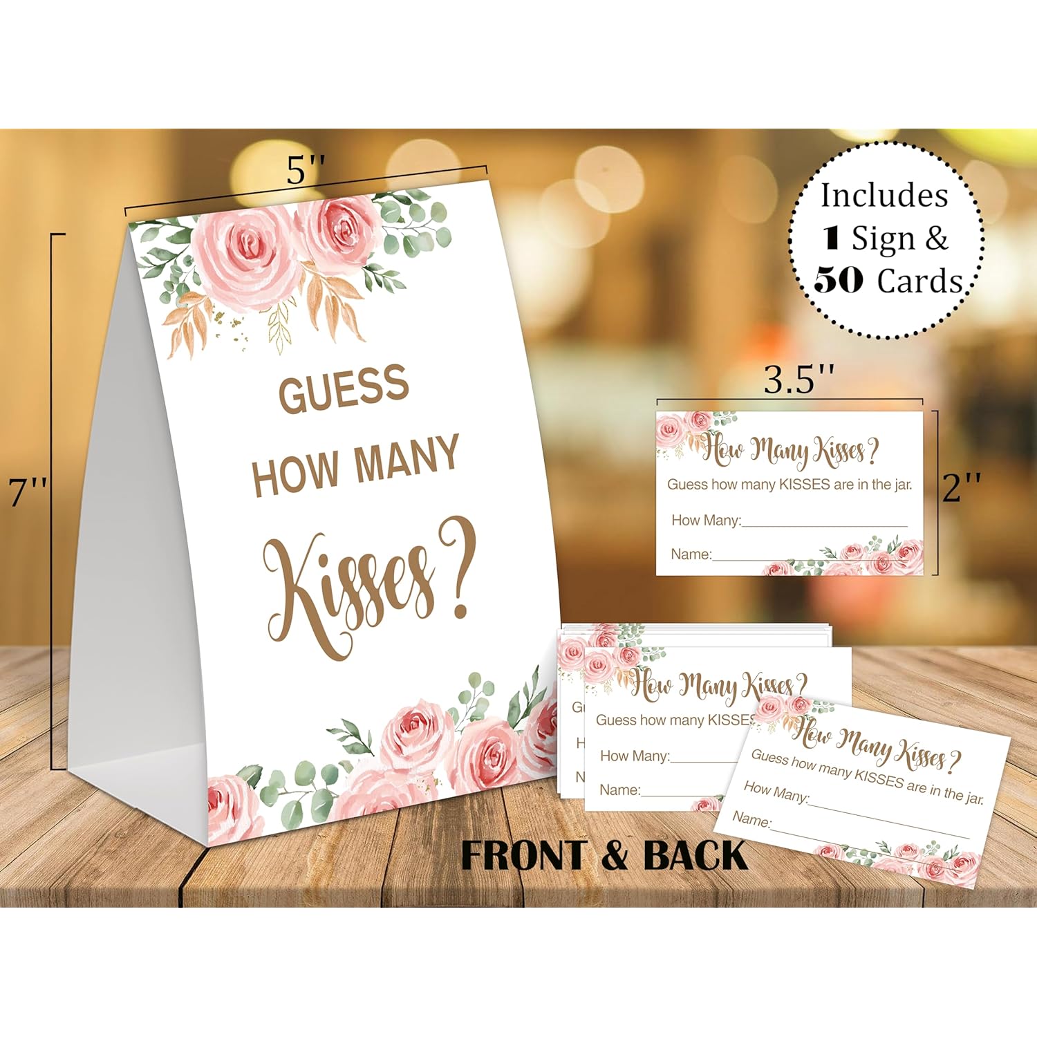 Boho Floral How Many Kisses Bridal Shower Game,Wedding Shower Games,Engagement Party Games,Bachelorette Party Games,Bridal Shower Decorations(1 Sign & 50 Cards),8