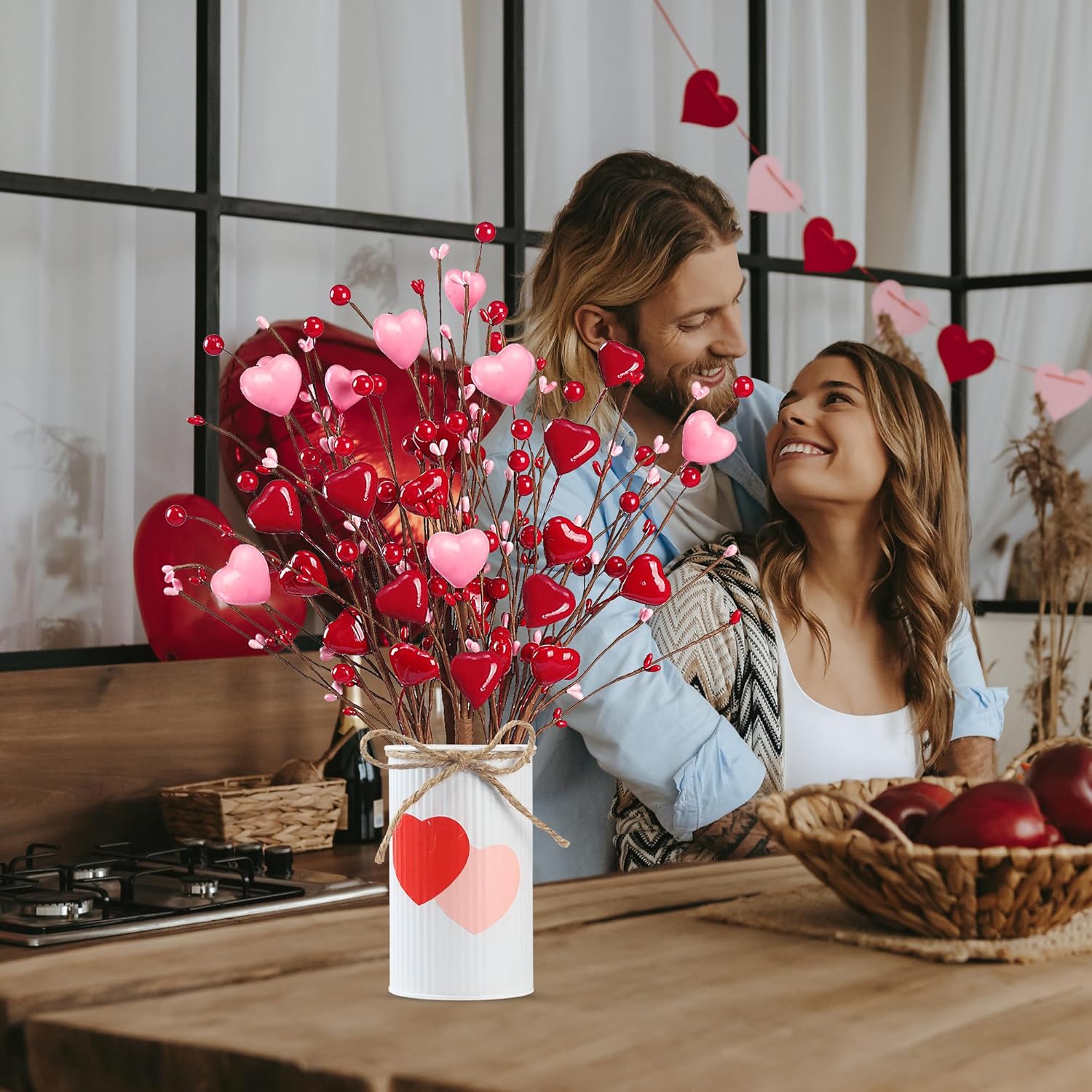 Valentine’S Day Gifts 6 Pcs Heart Shaped Berry Picks With White Metal Pot Artificial Red Heart Berry Twig Stem Branches For Valentine’S Day Anniversary Flower Bouquets Wedding Home Decor