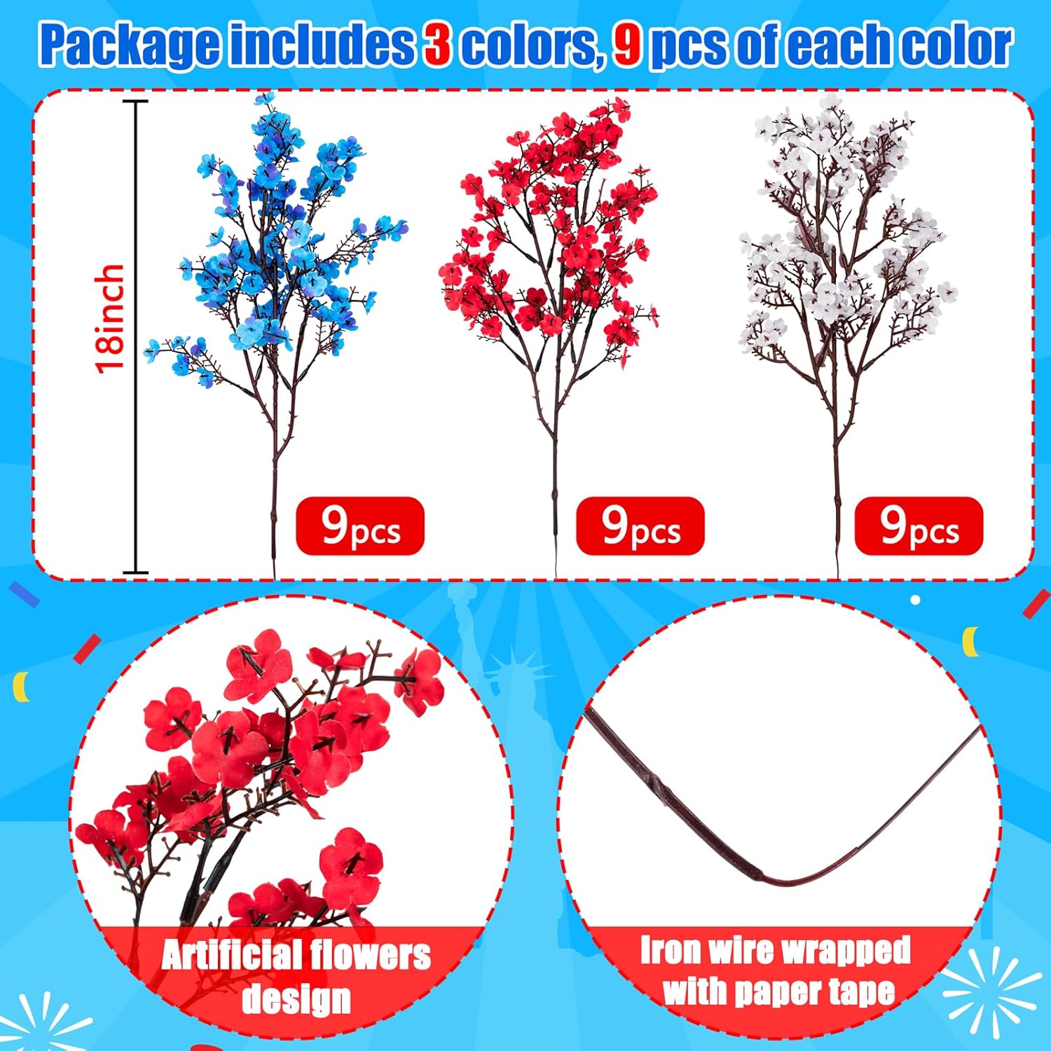 27Pcs 4Th/Fourth Of July Decorations Artificial Flowers Red White Blue Patriotic Picks Berry Stems Memorial Independent Labor Day Decor For Home Vase Table Centerpieces