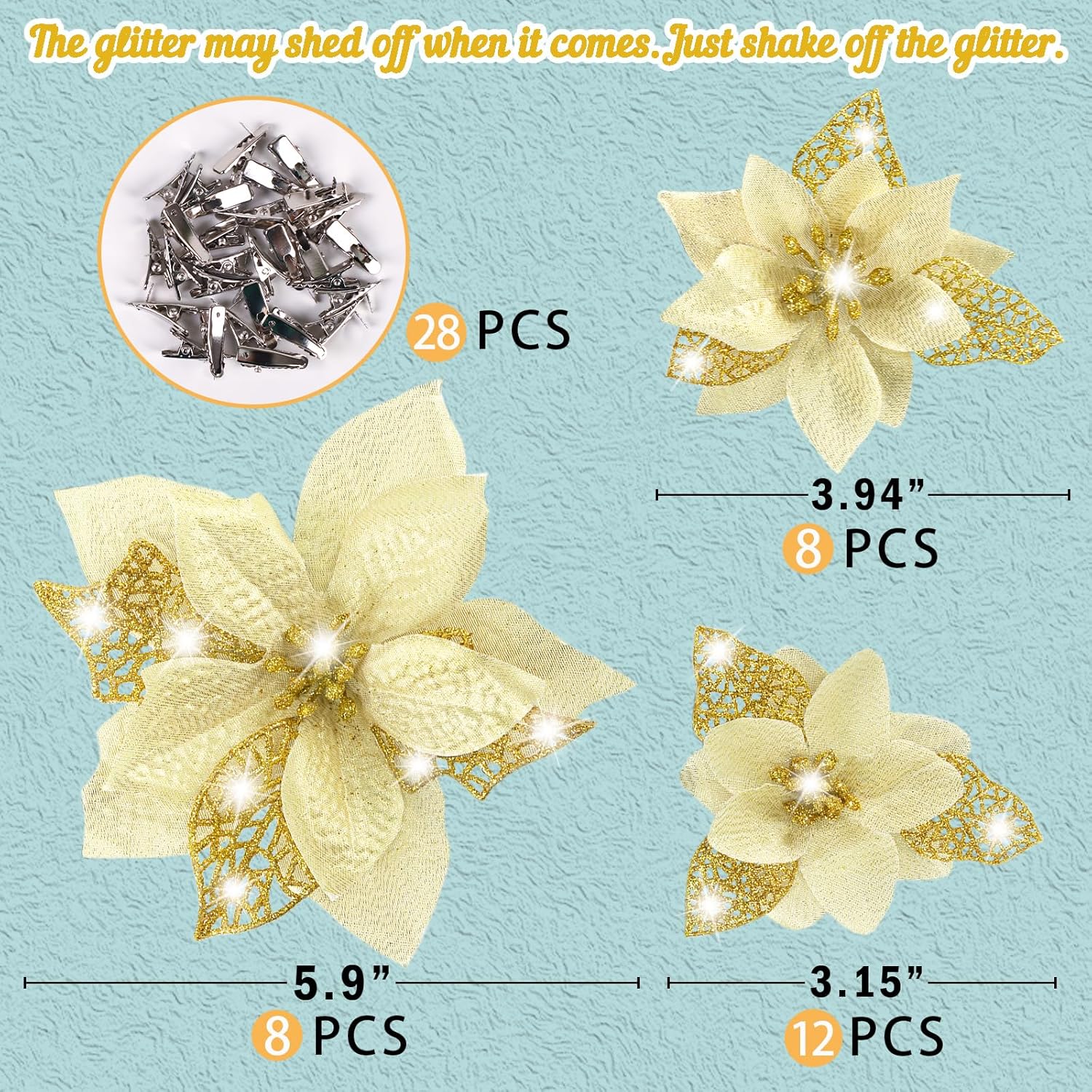 28Pcs Christmas Tree Decorations: Poinsettias Artificial Flowers Ornaments Xmas Gold Glitter Flower With Clips