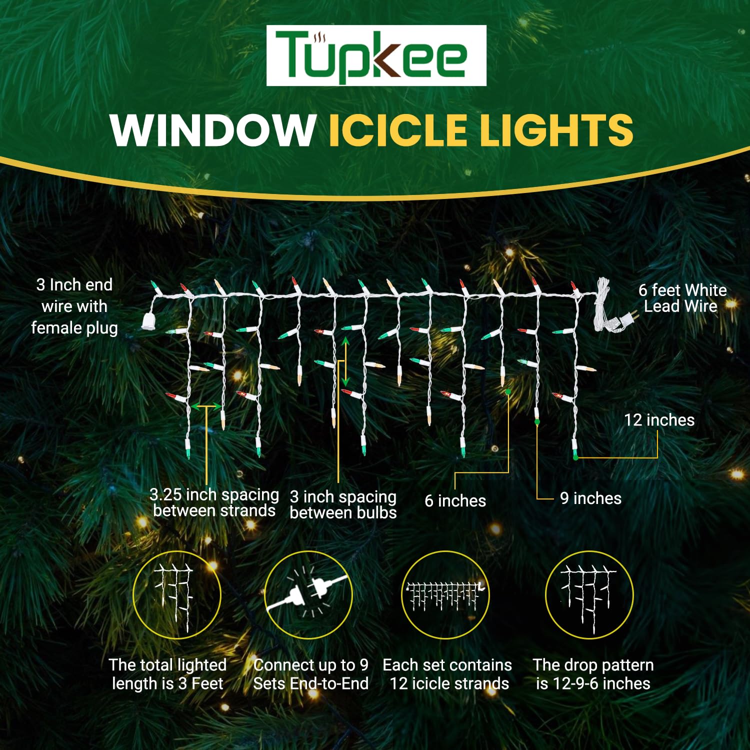 Shimmering Twinkle Window Icicle Lights - 3 Feet (0.91 M), 8 Of 50 Lights Twinkle - 50 Red-Green-Clear Incandescent Bulb