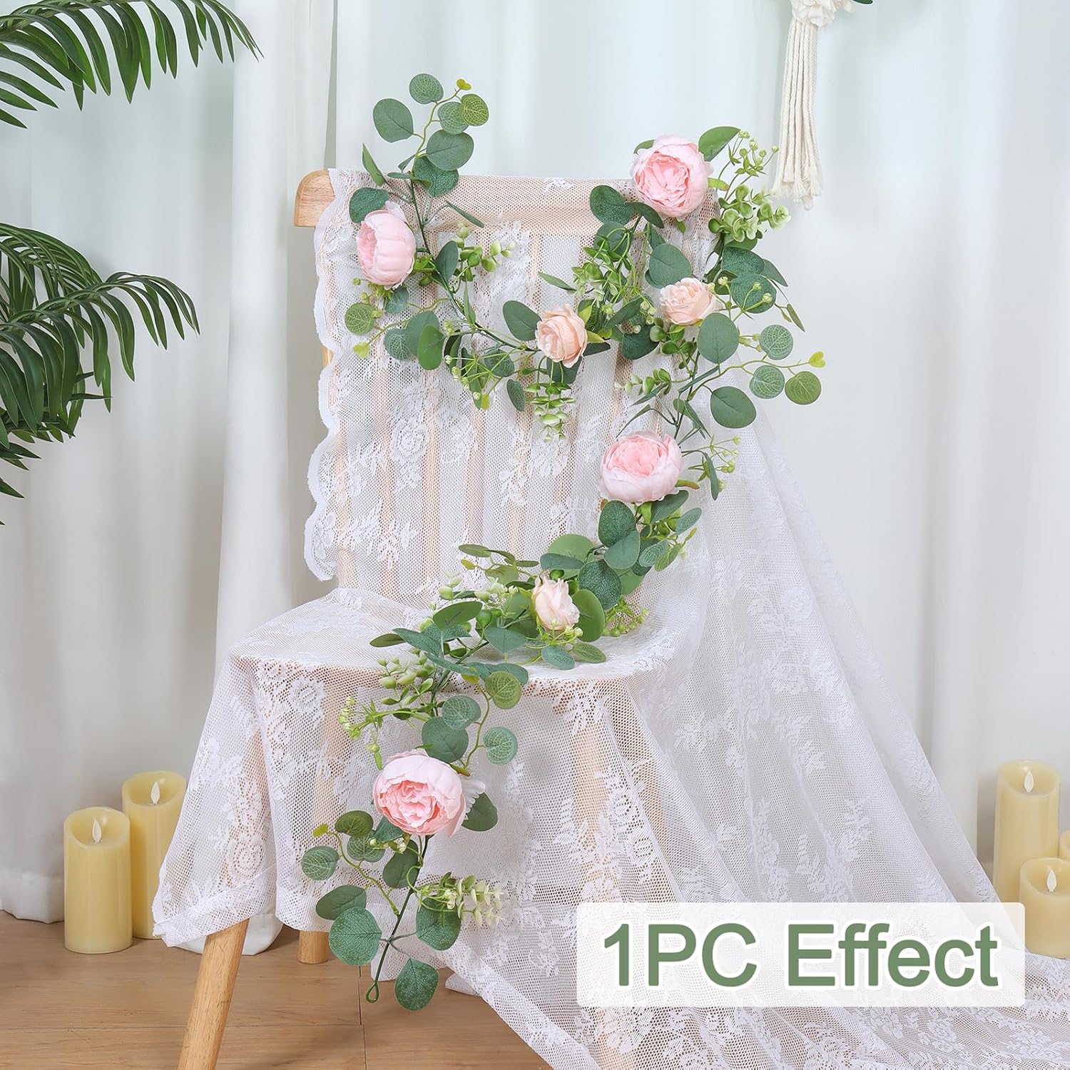 2 Pack 13Ft Flower Garland, Artificial Rose Vine Fake Flower Garland Silk Rose Peony Hanging Vine Faux Floral Garlands For Wedding Party Arch Table Wall Backdrop Decoration (Light Pink, 2Pcs)