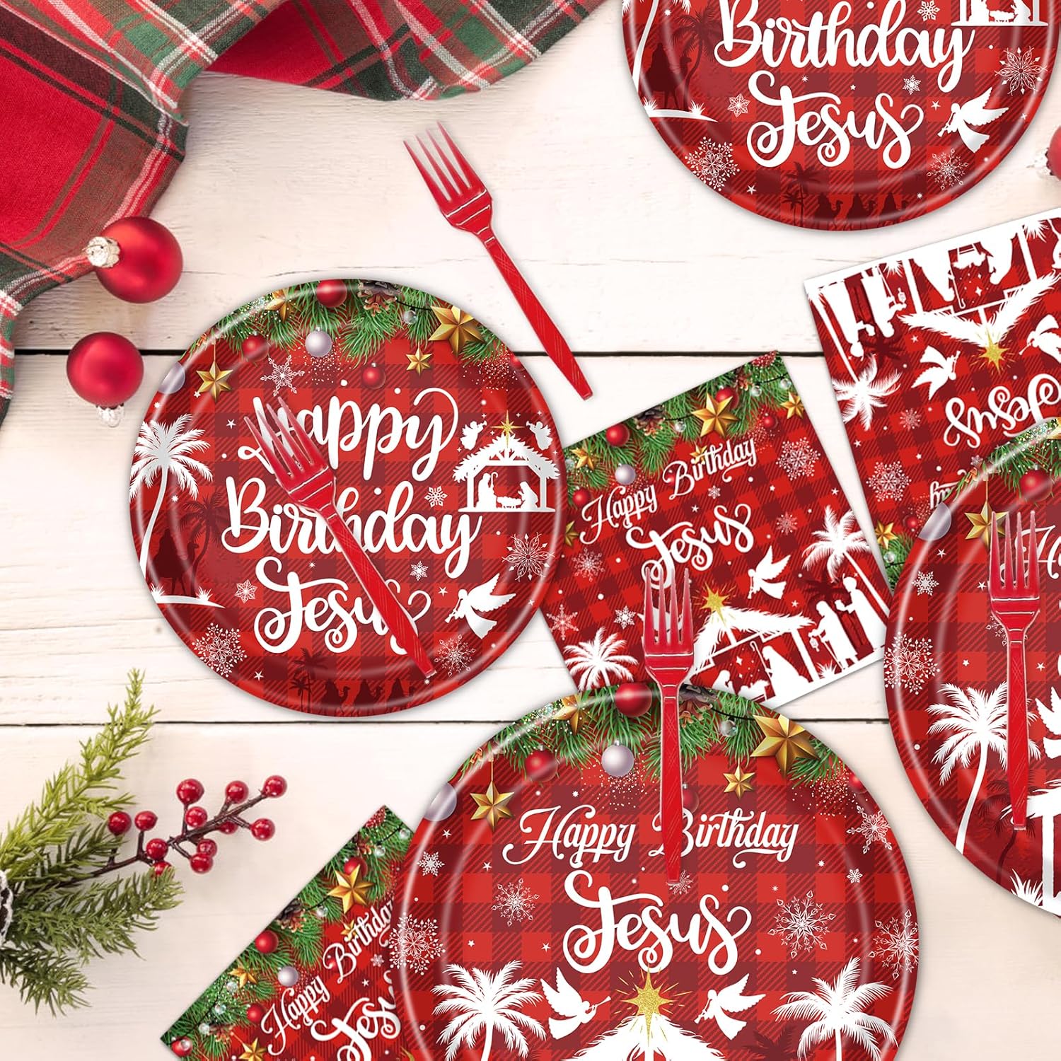 Deorfuy Christmas Nativity Party Decorations Tableware, 96Pcs Happy Birthday Jesus Disposable Paper Plates And Napkins Decoration, Xmas Jesus Is The Reason For The Season Forks Supplies Serves 24