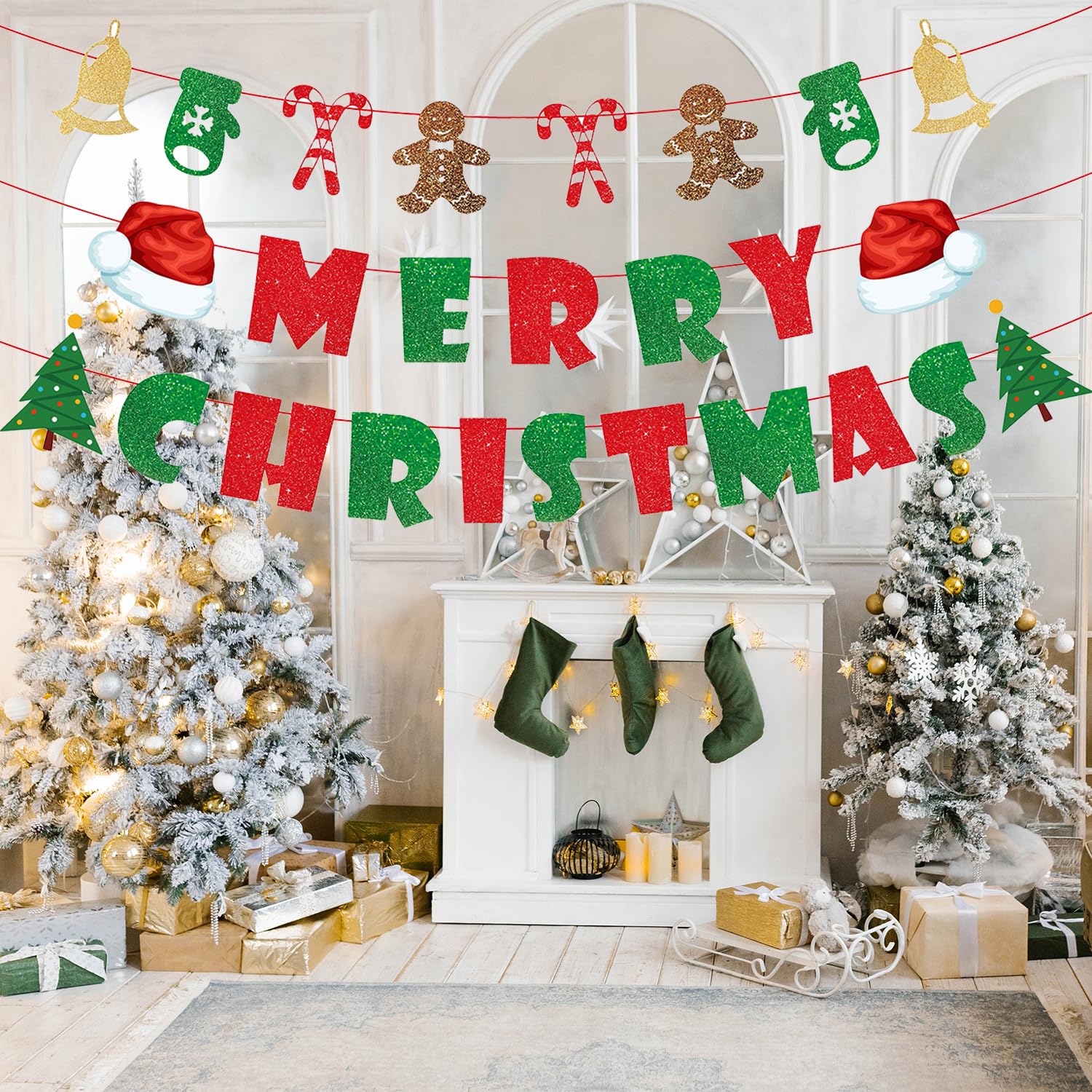 Merry Christmas Banner Indoor Christmas Wall Decor, Christmas Fireplace Banner For Christmas Party Decorations, Red And Green Merry Christmas Signs Backdrop For Xmas Holiday Mantle Fireplace Home Decor