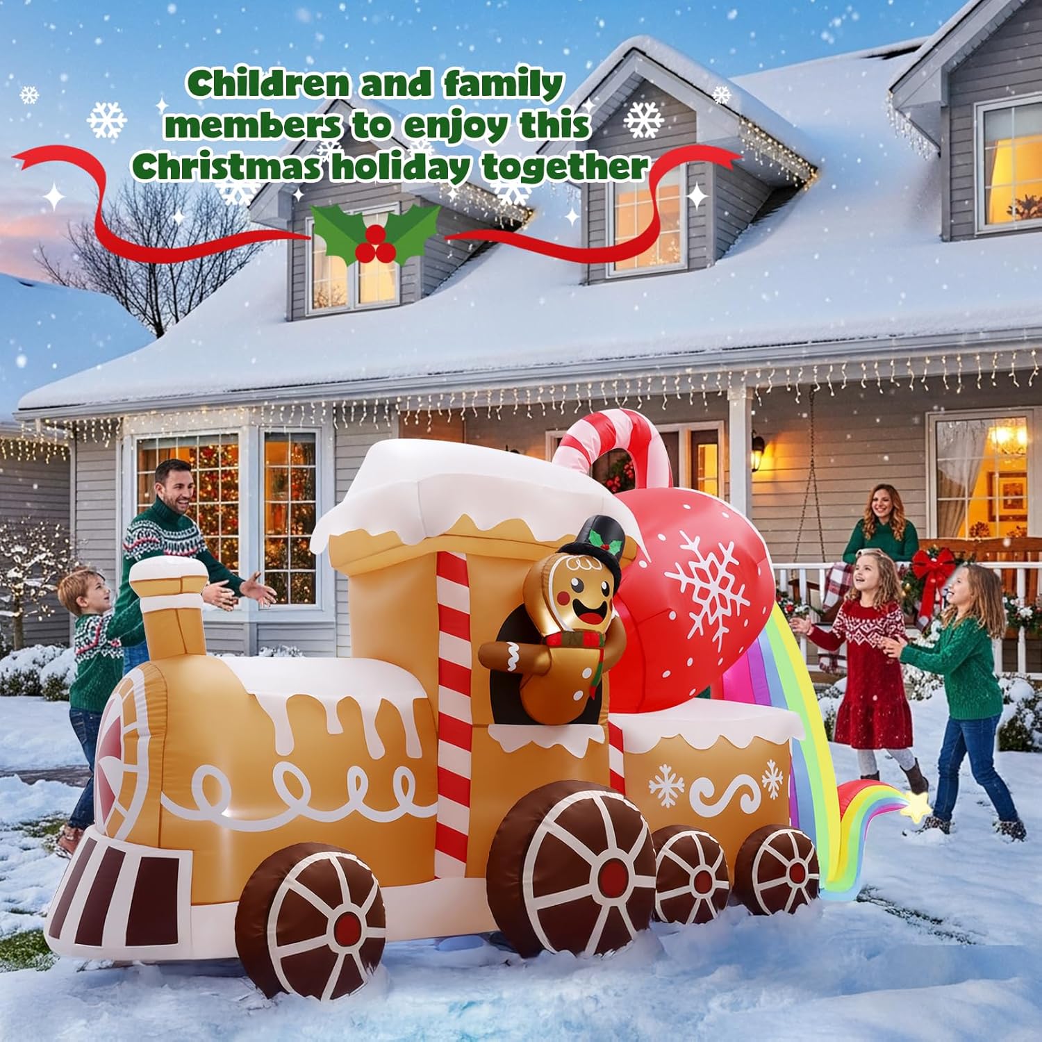 10 Ft Long Christmas Inflatables Train Decorations, Gingerbread Train Blow Up Outdoor Inflatable Decor With Built-In Led