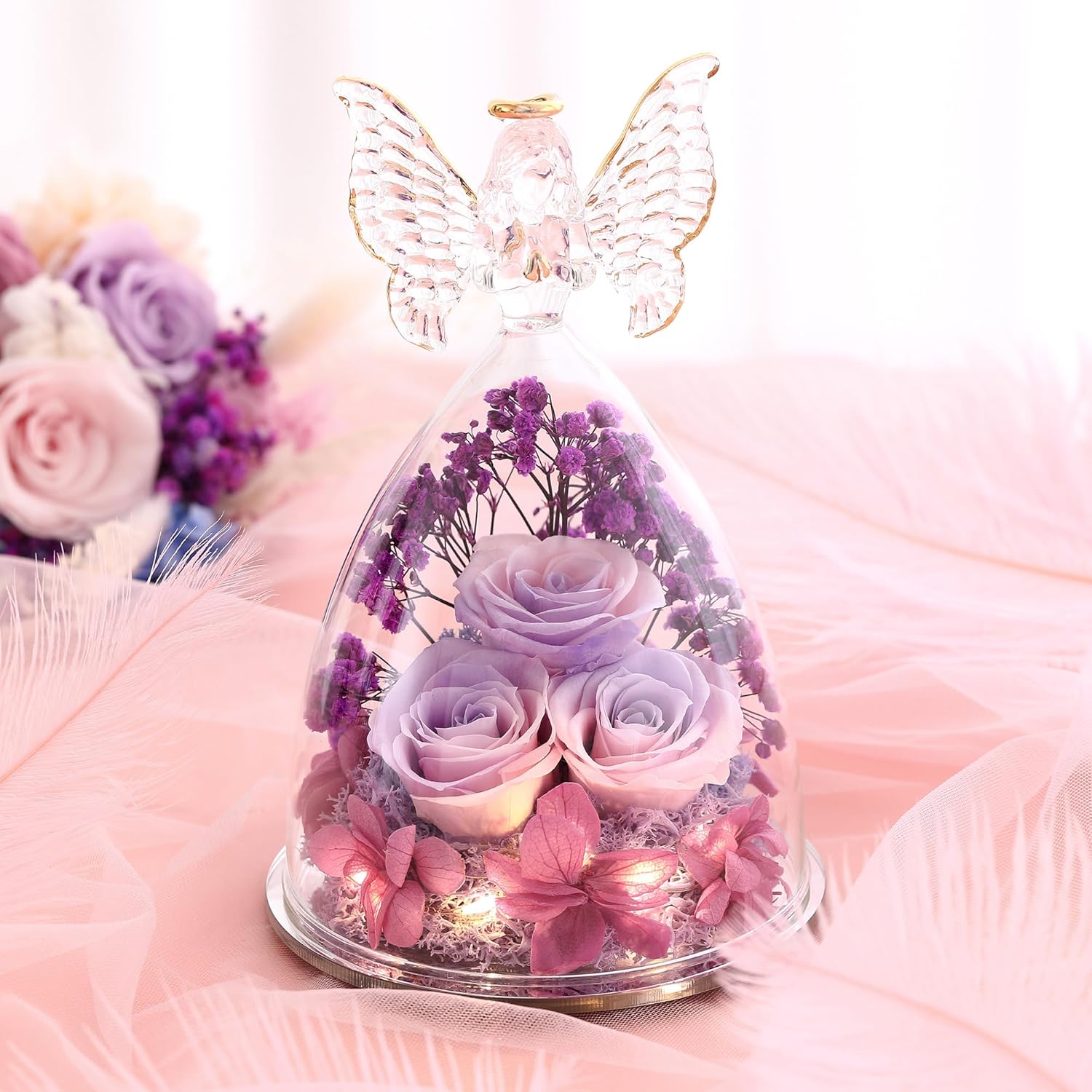 Christmas Rose Gifts For Women Preserved Real Flower In Glass Angel Figurines Roses For Delivery Prime Birthday Gifts For Mom Grandma Girlfriend Wife Her, Pinkpurpurple