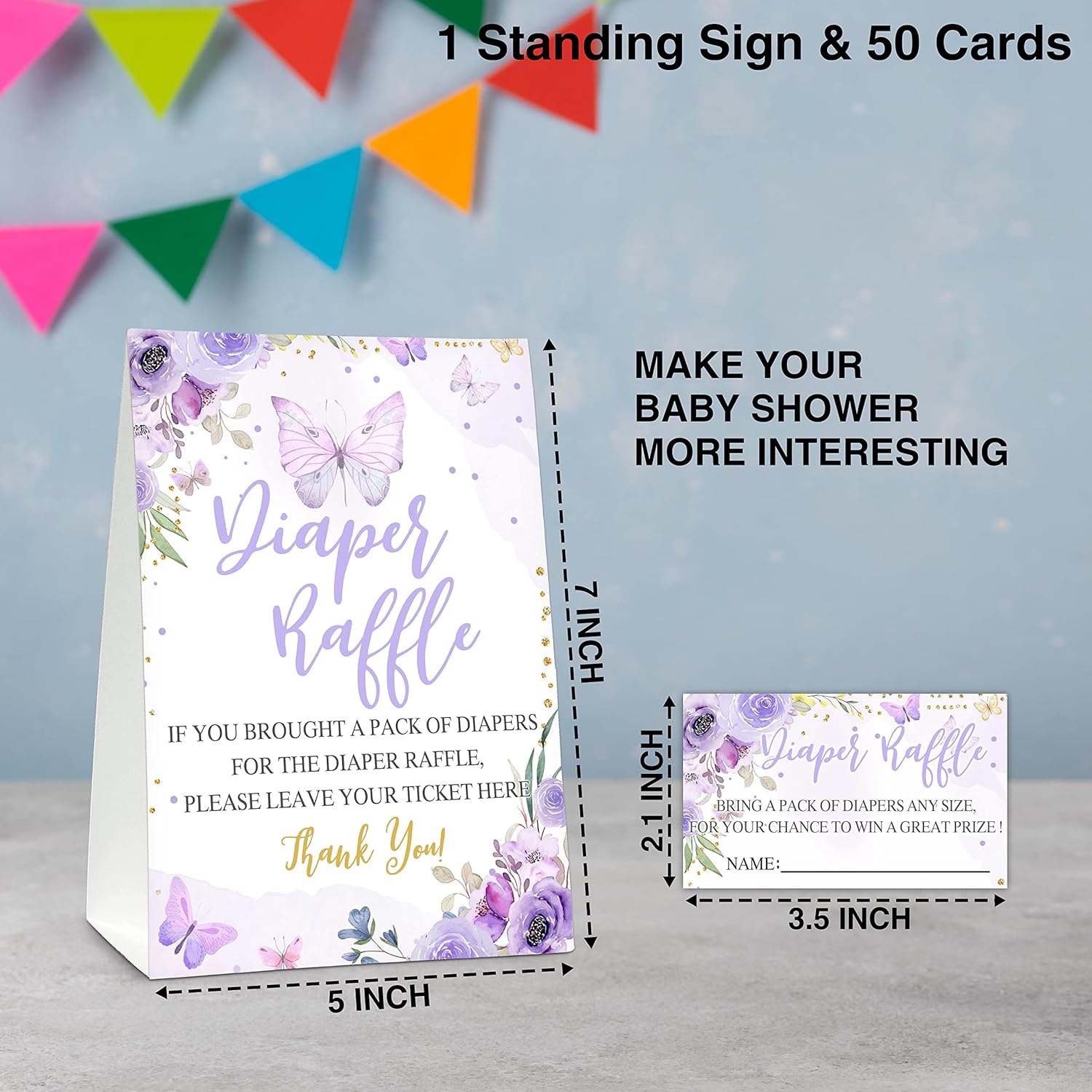 Baby Shower Game Set, 50 Diaper Raffle Tickets With 1 Standing Sign, Purple Butterfly Gender Reveal Party Decorations Supplies - B22
