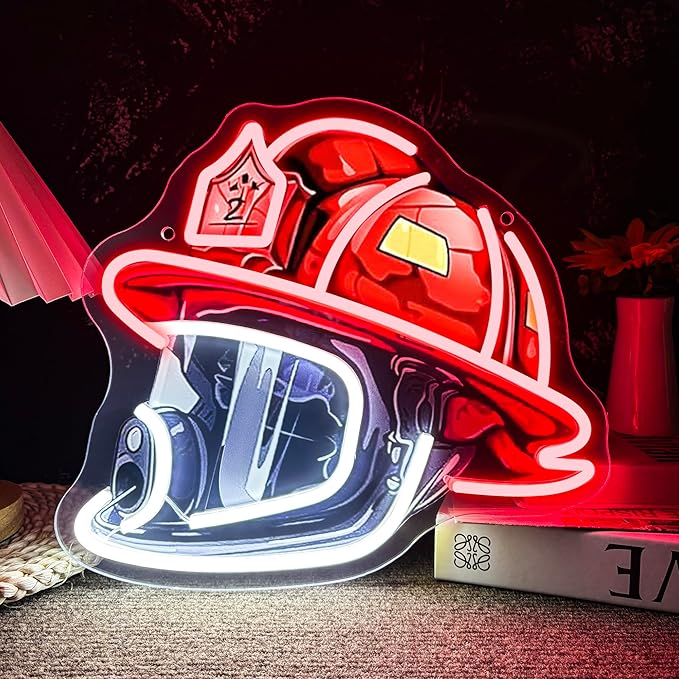 Firefighting Helmet Neon Sign Pop Art LED Wall Light Dimmable USB Powered Man Cave Hero Decor 12.9 x 11.8 Inch