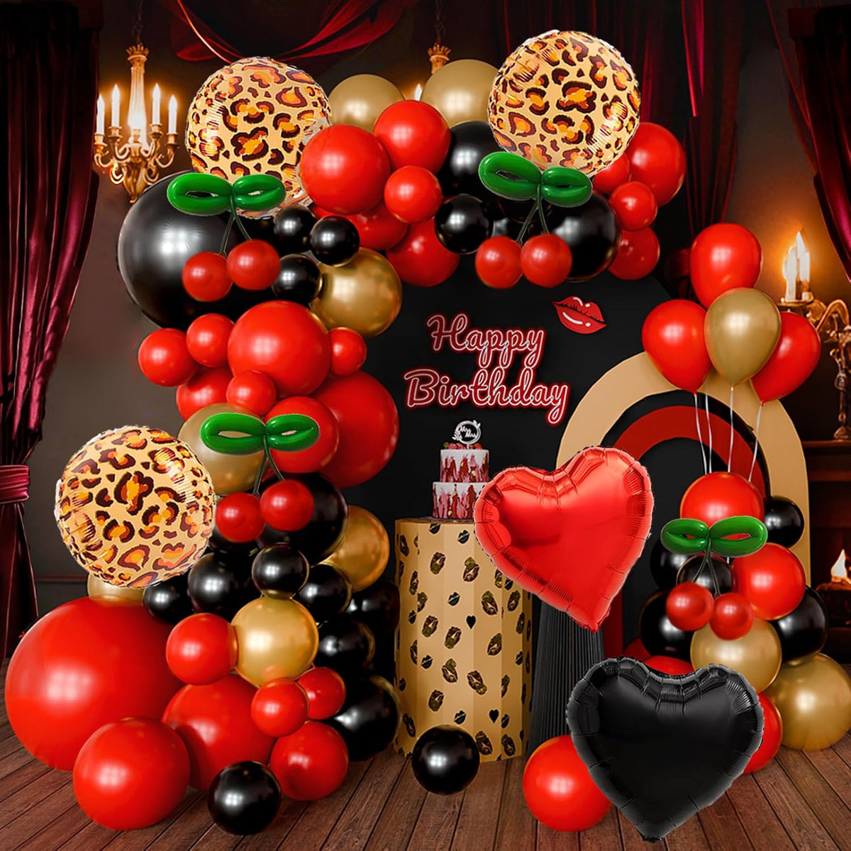 Cheetah Print Balloons Red Black Gold Cherry Balloon Arch Kit Leopard Heart Valentines Day Balloons Garland For Cheetah Birthday Leopard Print Party Bachelorette Valentines Galentines Day Decorations