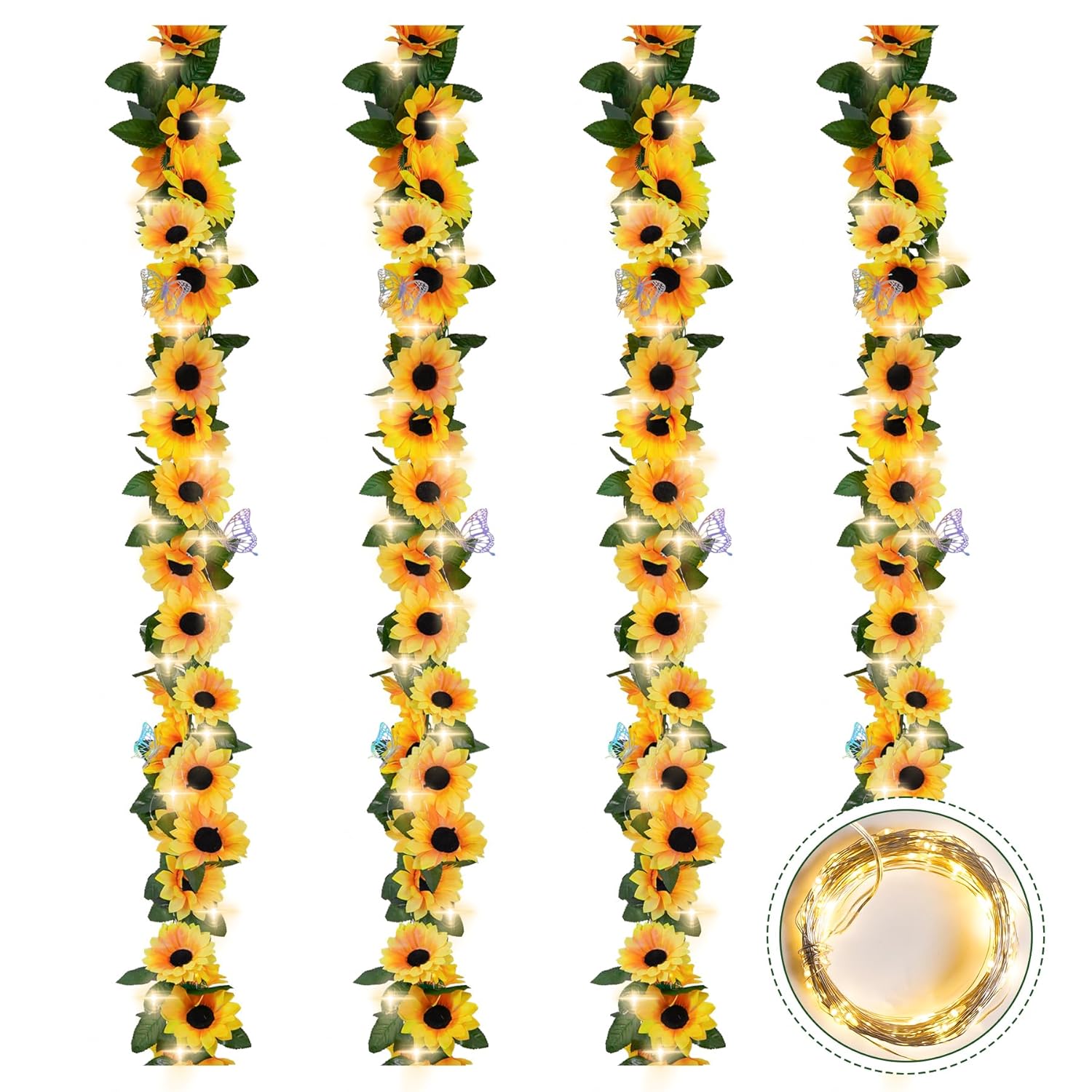 4 Pack Sunflower Garland Decor,7.5Ft Artificial Sunflower Vines With Lights,Hanging Fake Silk Flower Garlands For Table Centerpieces Wedding Party Birthday Decorations