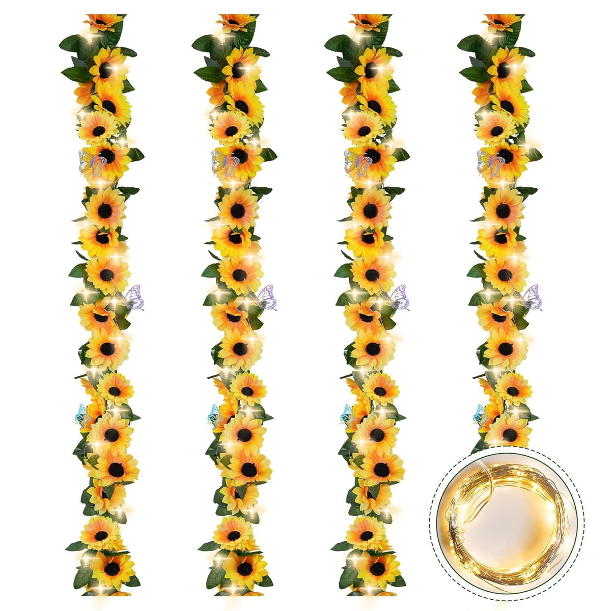 4 Pack Sunflower Garland Decor,7.5Ft Artificial Sunflower Vines With Lights,Hanging Fake Silk Flower Garlands For Table Centerpieces Wedding Party Birthday Decorations
