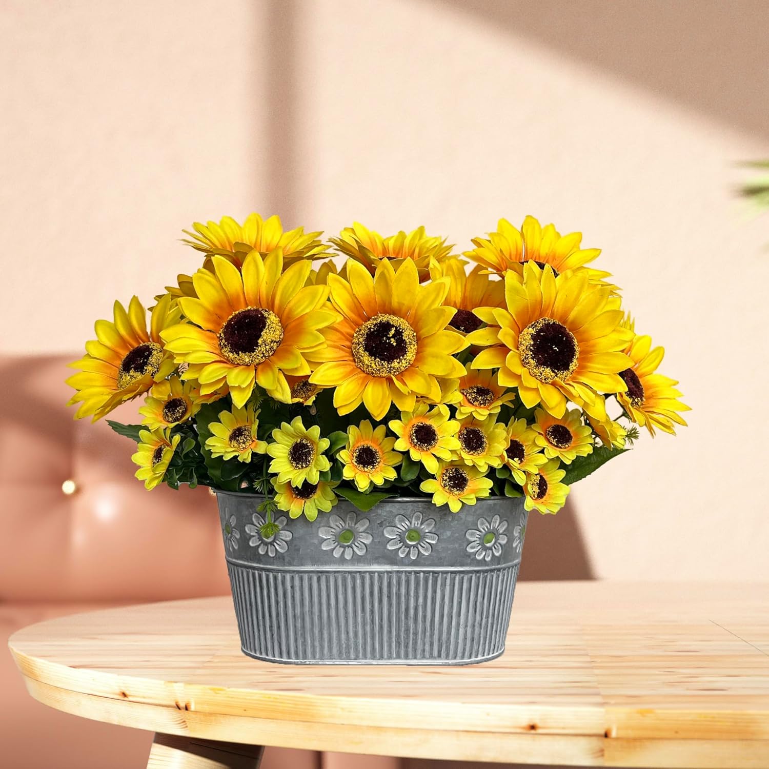 Artificial Sunflower Arrangement In Metal Basket – Realistic Faux Sunflower Plant With Eucalyptus Leaves And Mini Flowers, Artificial Flowers Table Centerpiece Décor, 11" Tall