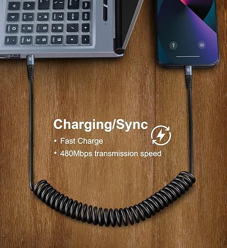 2 Pack Coiled USB C to USB C Cable 3FT Fast Charging Car Charger Cord for iPhone 17 16 15 Samsung Galaxy S23